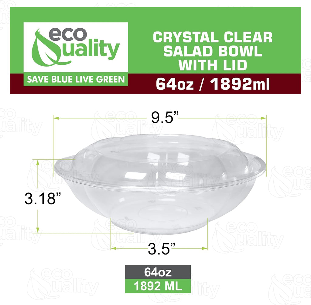 64oz Salad Bowls To-Go with Lids - Crystal Clear Plastic Disposable Wide Salad Containers | Airtight, Lunch, Salads, Parfait, Fruits, Leak Proof, Airtight, Fresh, Meal Prep | Rose Bowl Container (200)