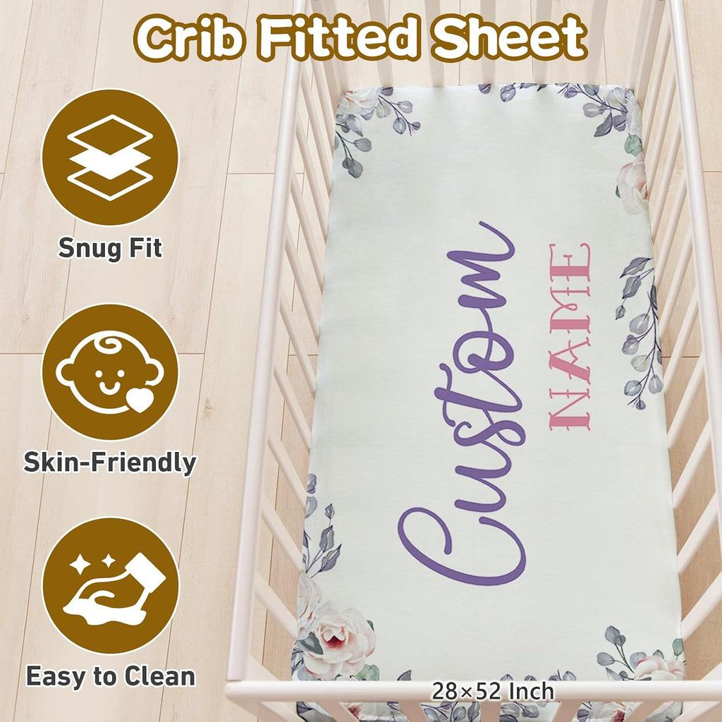 Terwex Personalized Baby Crib Set, 5 Pcs Custom Name Bedding for Girls Boys - Nursery Crib Sets, Soft Toddler Sets for Infant Customized Gifts, Purple Rainbow
