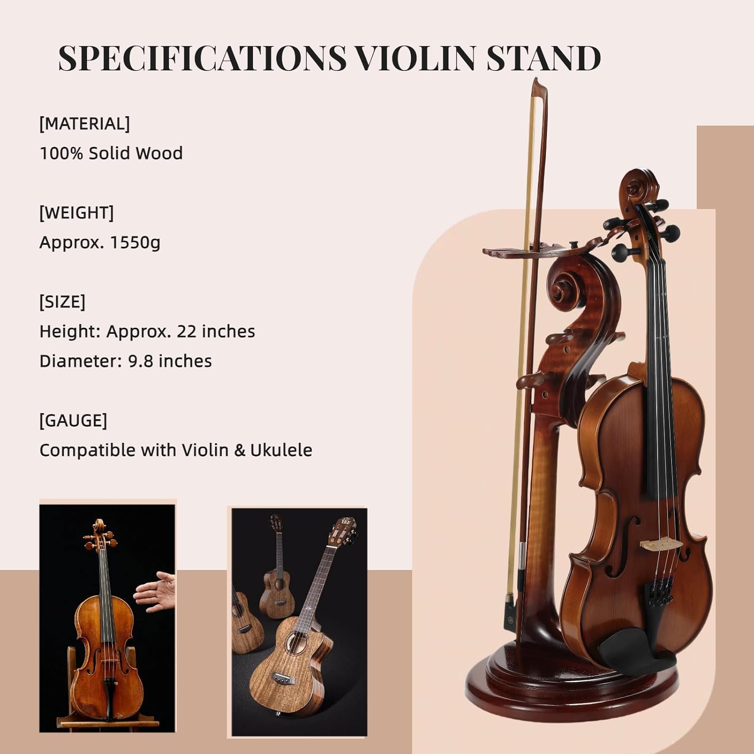 Solid Wood Violin Stand with Bow Holder - No Assembly Needed, Heavy-Duty 4/4 Size Display, Handcrafted Cut-Out Design for Home/Studio/Stage