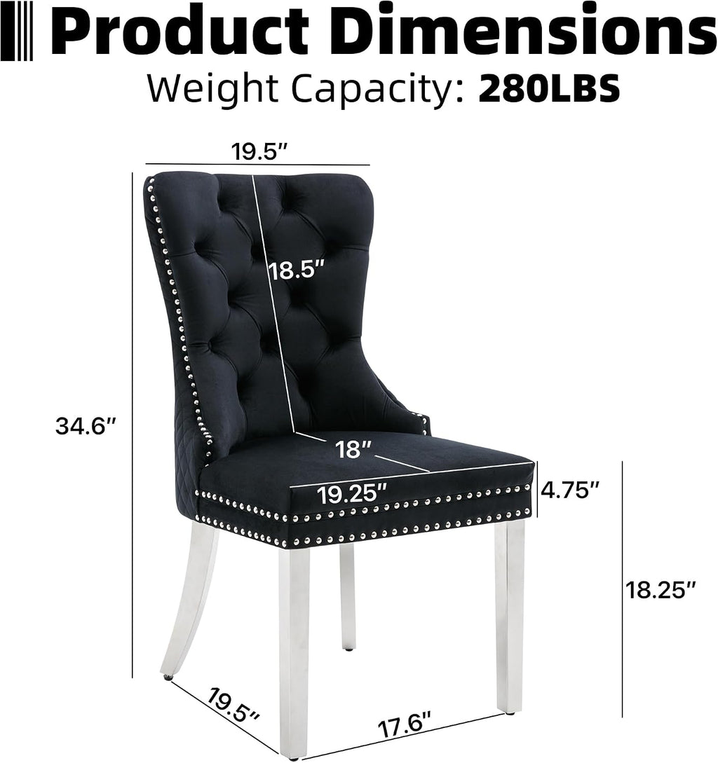 Velvet Dining Chairs Set of 6, Upholstered Dining Room Chairs, Mid-Century Modern Chairs with Diamond Lattice Tufted Back, Lion Pull Ring Rivet Trim, Silver Metal Legs for Kitchen, Black