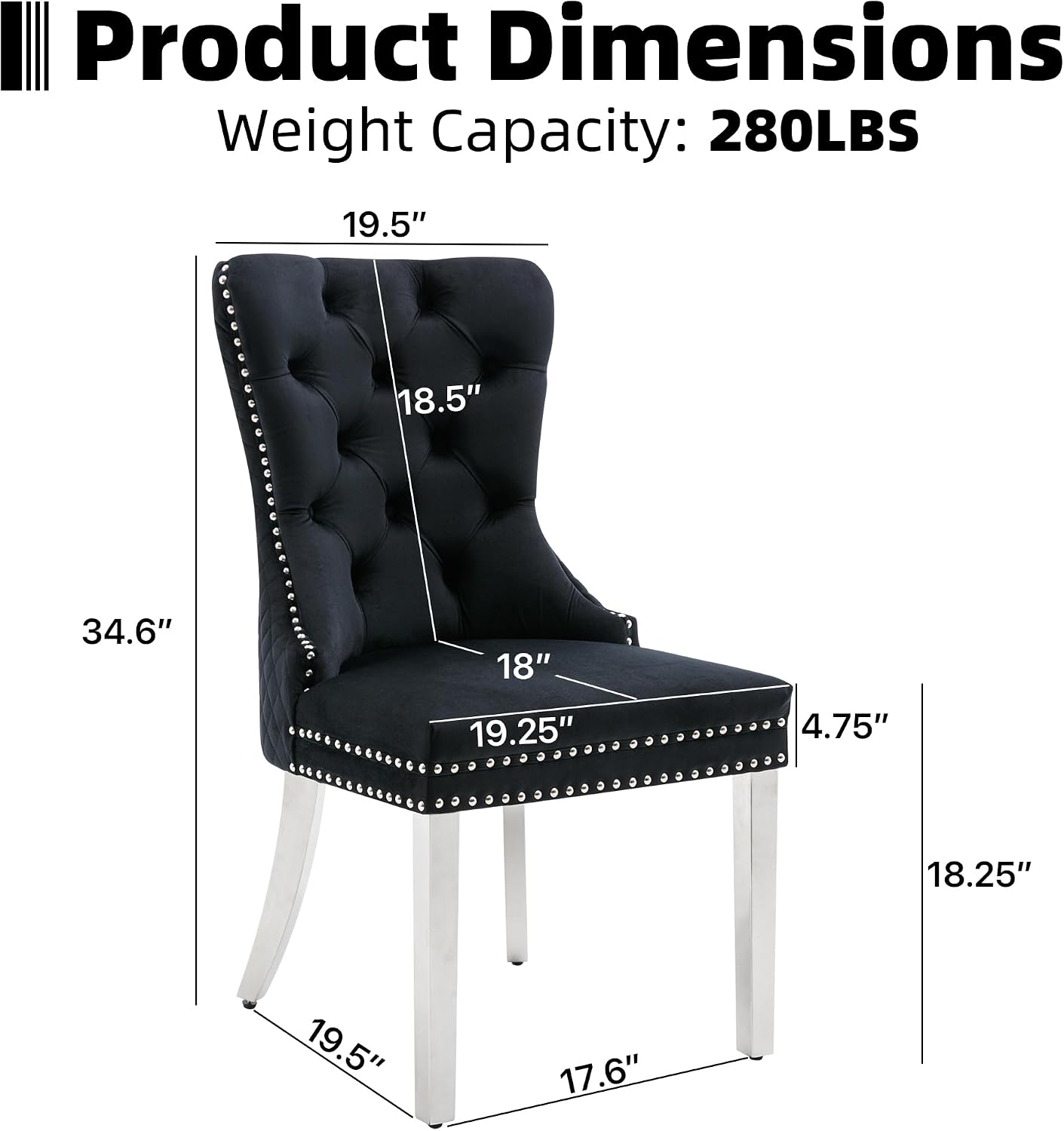 Velvet Dining Chairs Set of 6, Upholstered Dining Room Chairs, Mid-Century Modern Chairs with Diamond Lattice Tufted Back, Lion Pull Ring Rivet Trim, Silver Metal Legs for Kitchen, Black