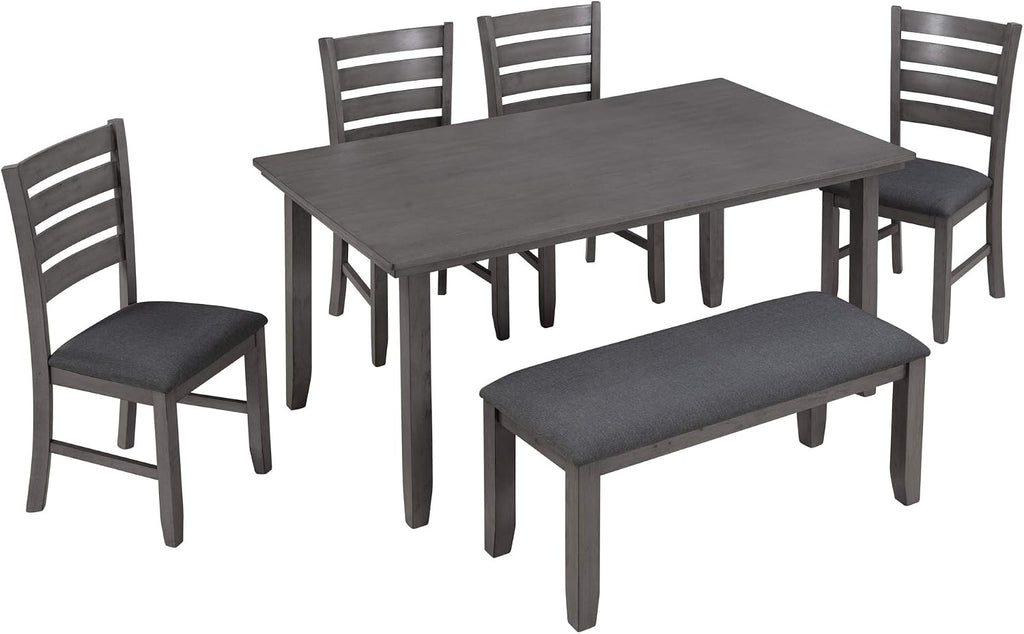 Wood Dining Table Set with Bench and 4 Chairs, 6 Piece Dining Room Table Set for 6 People, Rustic Style Kitchen Table Set (Gray+Cushion seat)