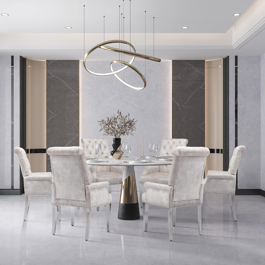 LOULENS Luxurious Velvet Dining Chairs Set of 6, Modern Upholstered Tufted Dining Room Chairs, Armrests Dining Chairs with Stainless Steel Leg (Beige + Velvet)