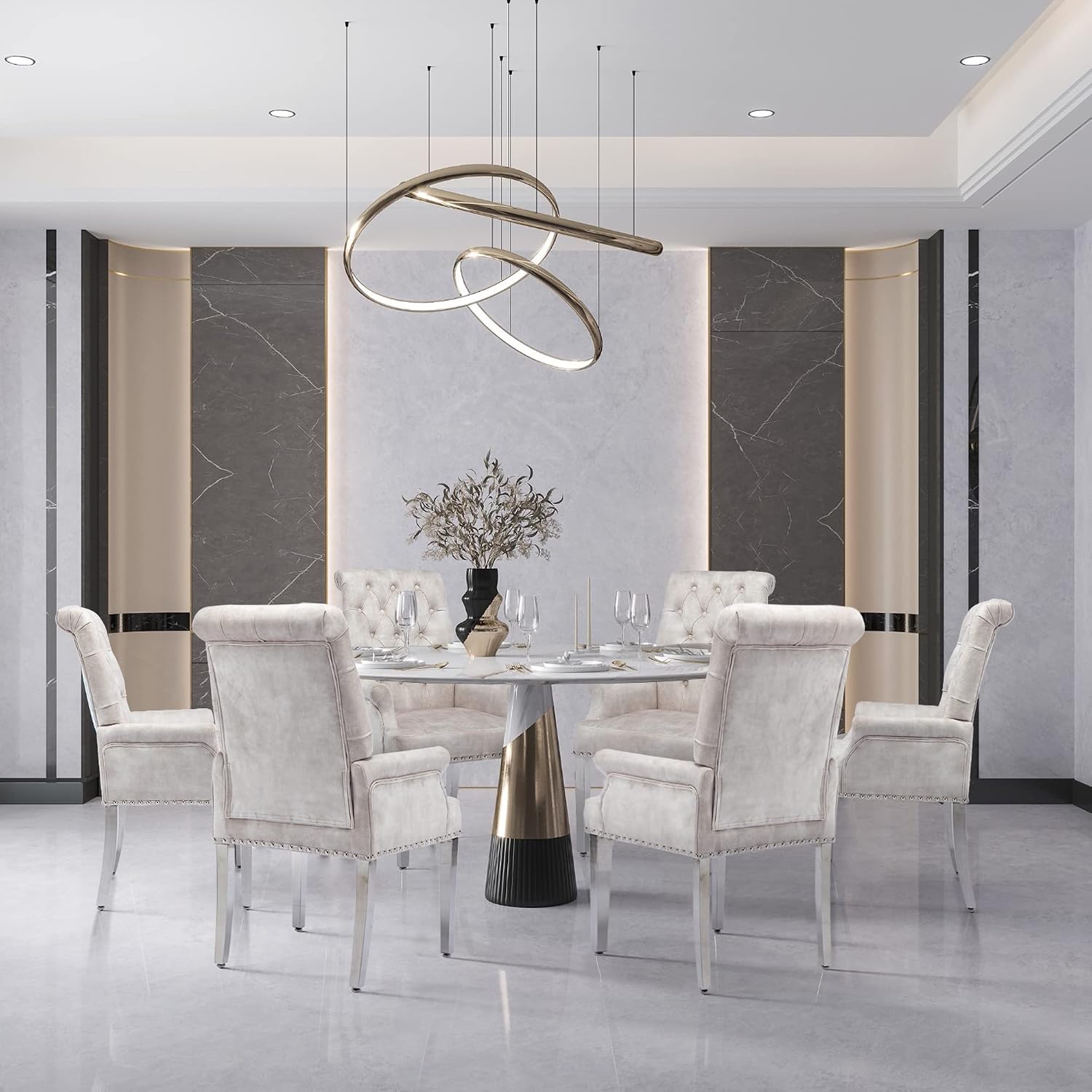LOULENS Luxurious Velvet Dining Chairs Set of 6, Modern Upholstered Tufted Dining Room Chairs, Armrests Dining Chairs with Stainless Steel Leg (Beige + Velvet)