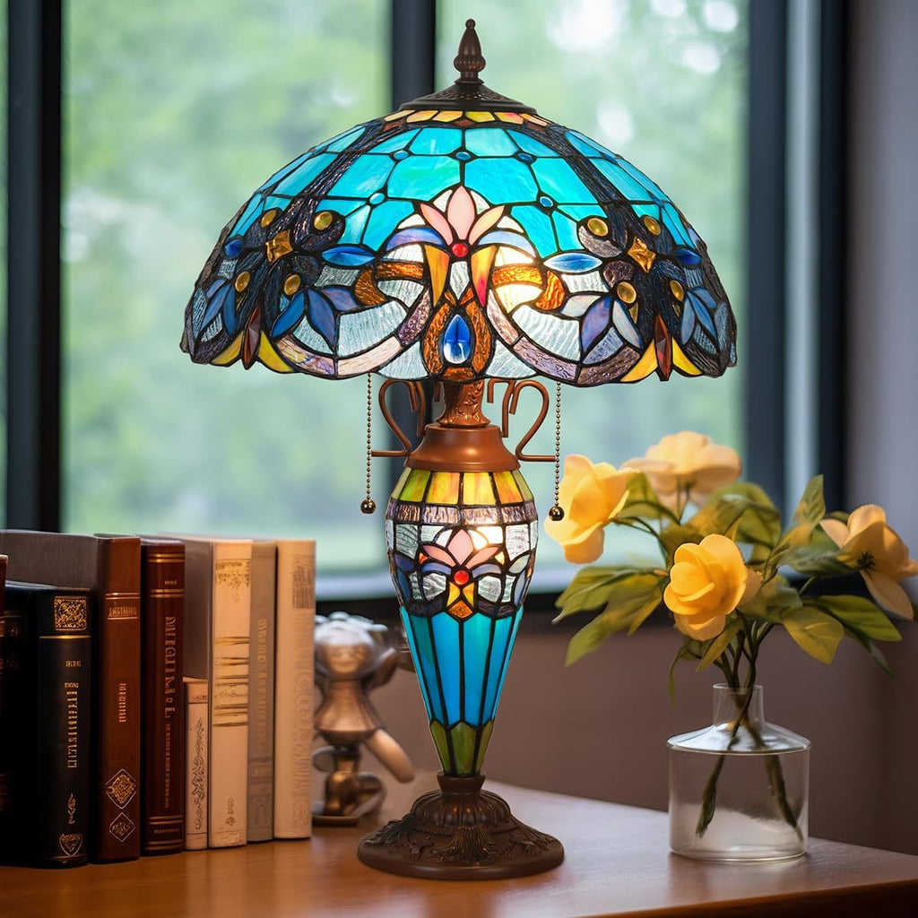 Tiffany Table Lamp with NightLight,16 inch Green Large Stained Glass Table Light,Antique Style 3-Lights Desk Lamp for Living Room Bedroom Office