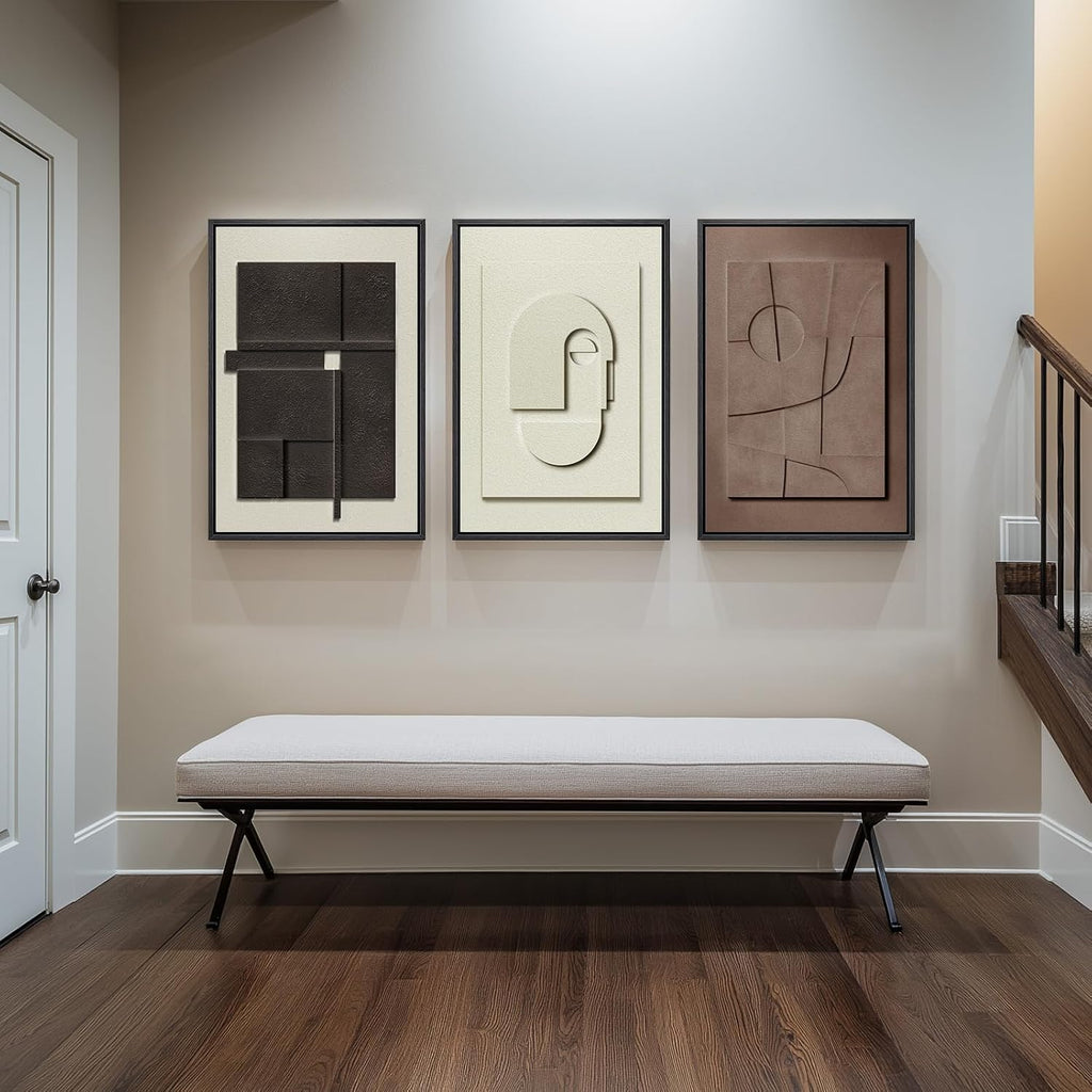 Framed Abstract 3D Textured Wall Art for Living Room, 3 Piece Modern Neutral Artwork for Walls, Brown White Geometric Sandstone Textured Painting for Bedroom, Home Office Decor-Total Size 30x60 Inch
