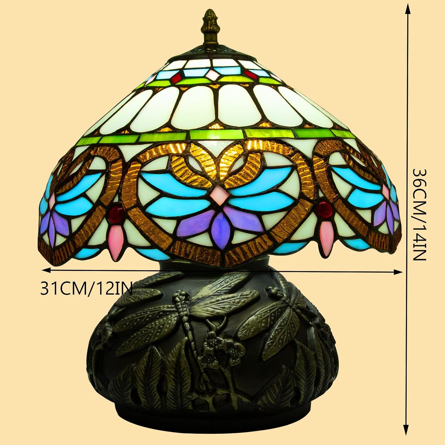 Tiffany Table Lamp,12 Inch Stained Glass Table Lamp,Mushroom Style Vintage Desk Lights Included E26 LED with Remote Control for Bedside,Bedroom,Living Room(Red Star Baroque)
