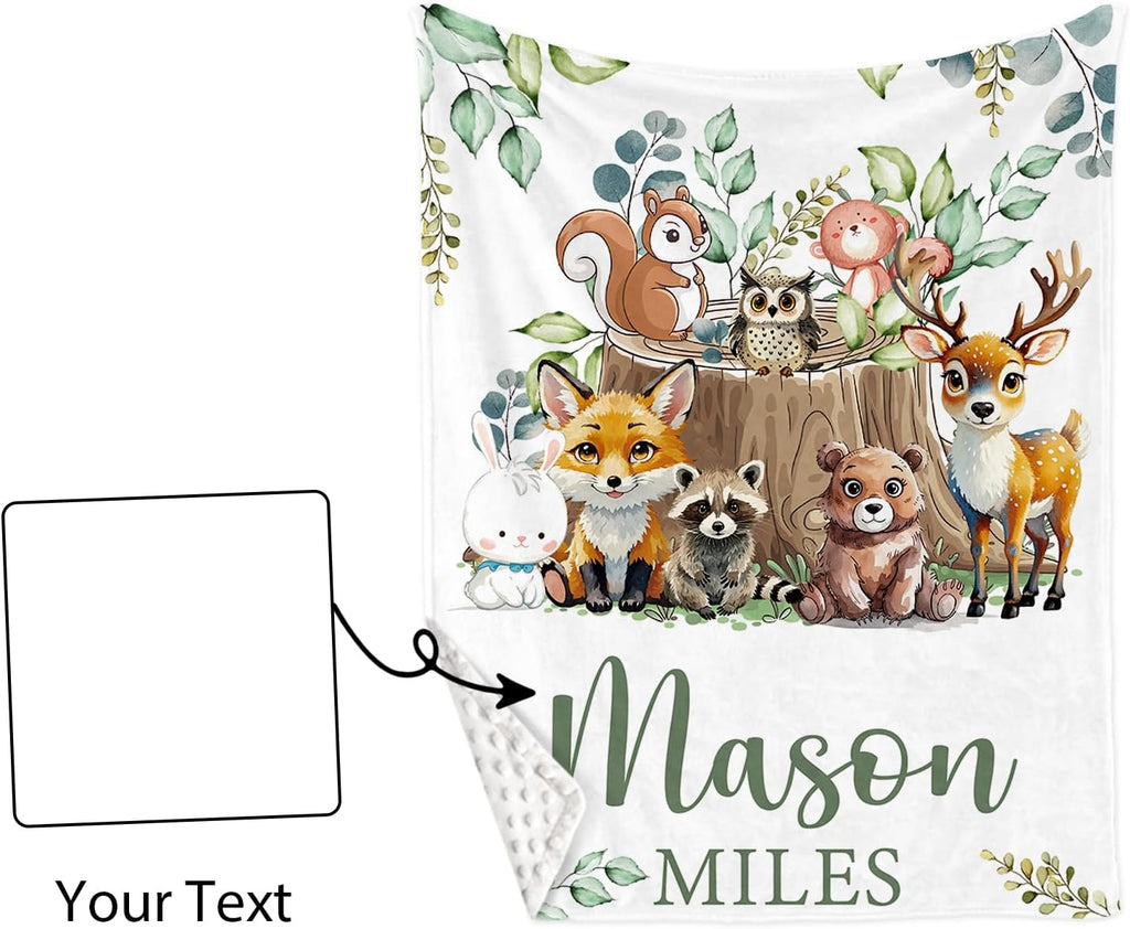 Personalized Baby Crib Bedding Set for Baby Boys Girls, Animal Stump Pattern Custom Name Baby Crib Sets 5-Pcs, Toddler Double Layer Blanket Fitted Sheets Changing Pad Cover Rug Wall Art Set