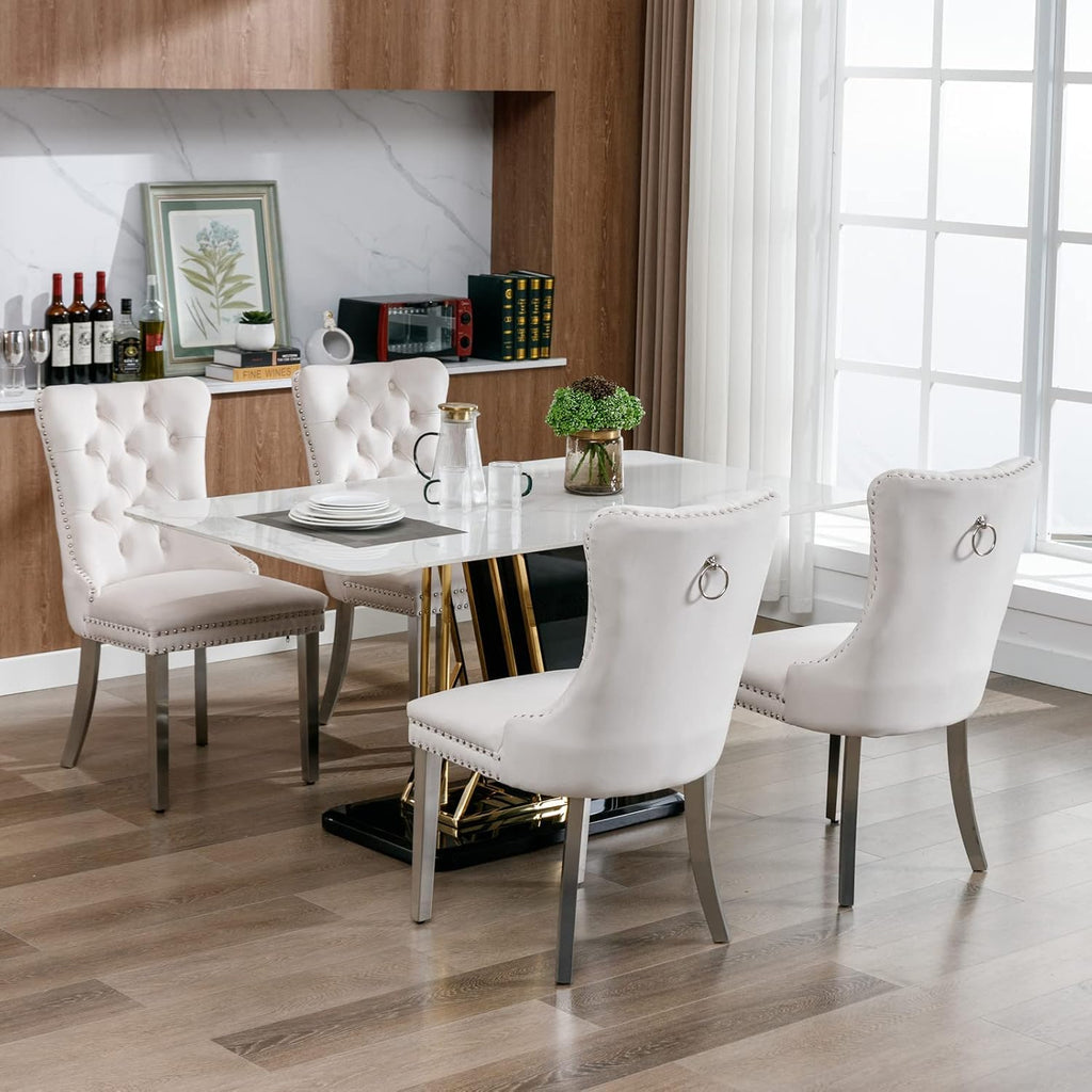 2 Piece Contemporary Velvet Upholstered Dining Chair with Chrome Stainless Steel Plating Legs, Nail Head Decro, Armless Tufted Dining Chair Fabric Dining Room Chair (Beige&Silver, Set of 2)