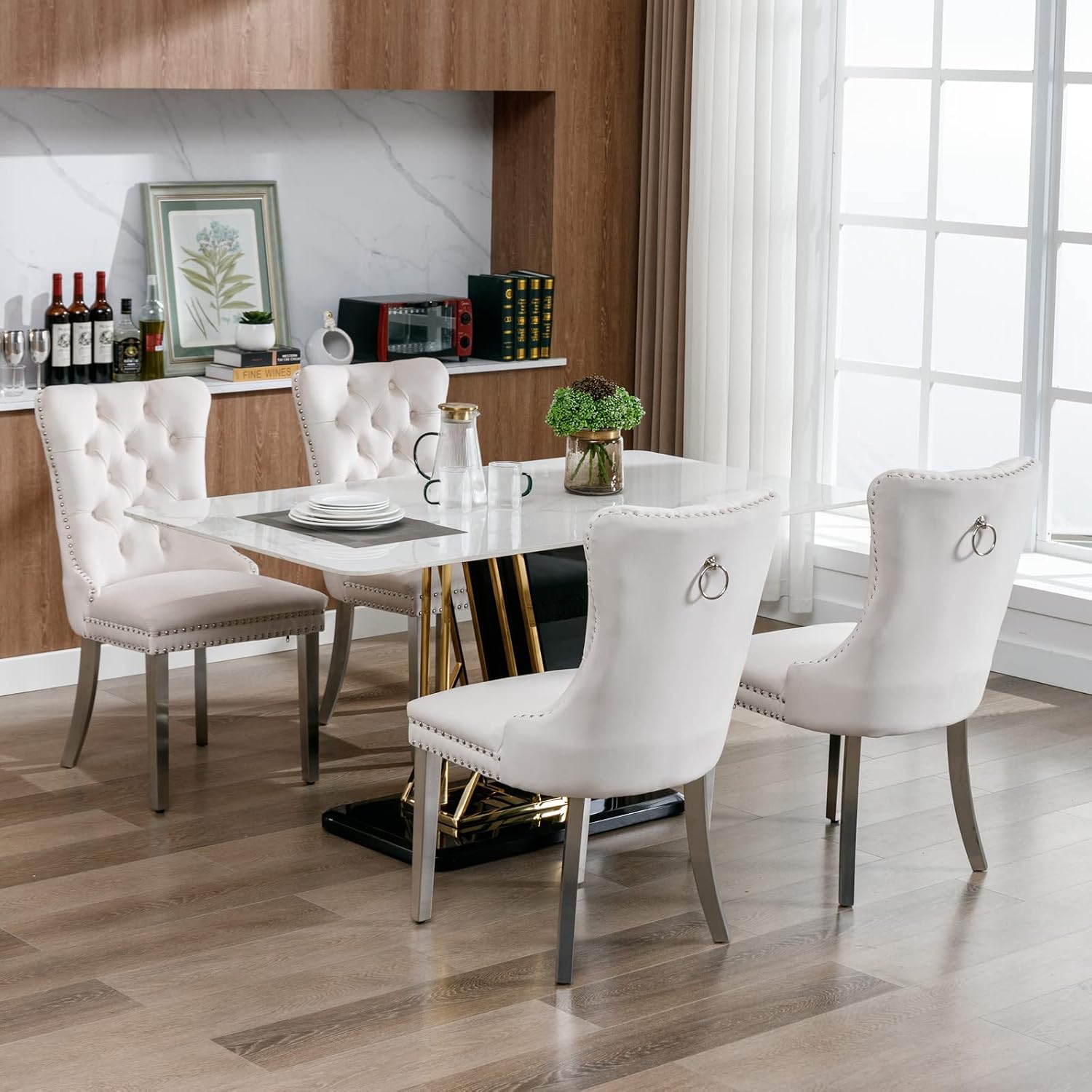 2 Piece Contemporary Velvet Upholstered Dining Chair with Chrome Stainless Steel Plating Legs, Nail Head Decro, Armless Tufted Dining Chair Fabric Dining Room Chair (Beige&Silver, Set of 2)