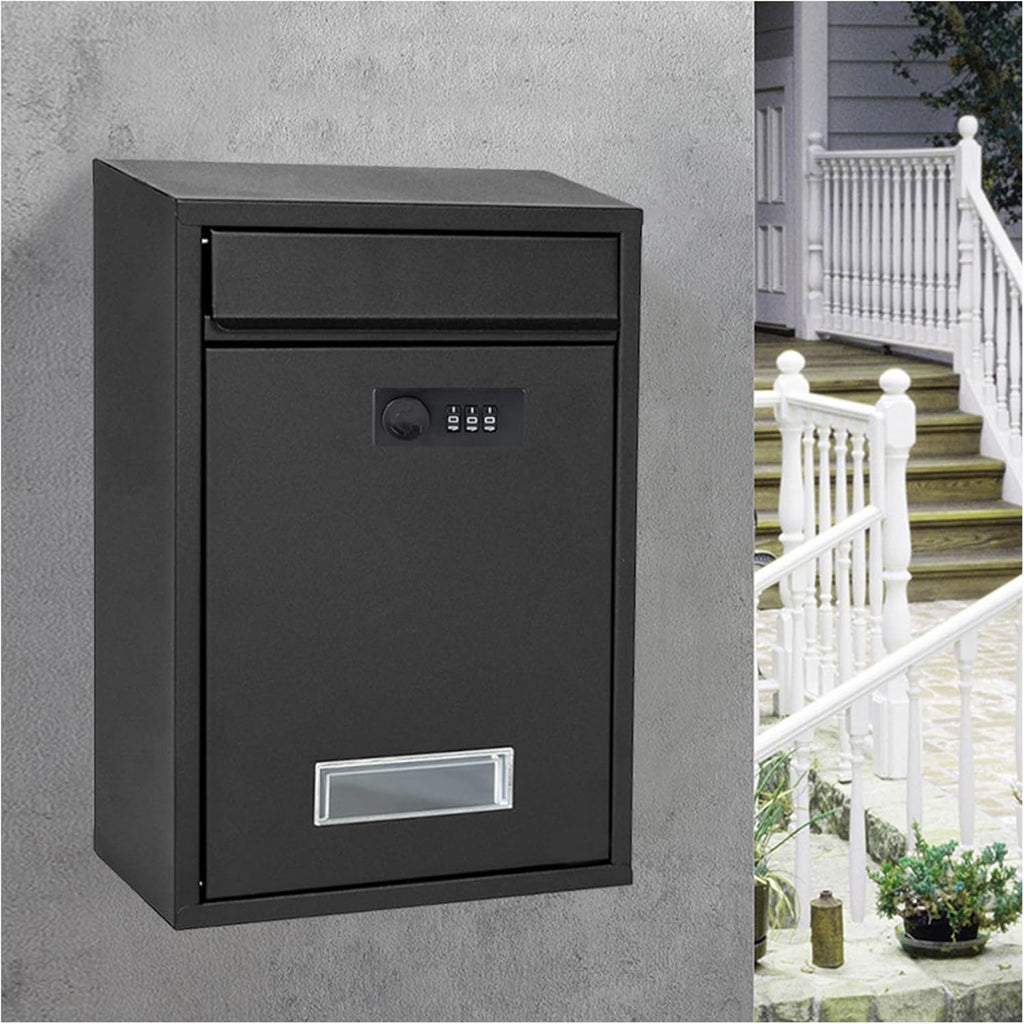 LANGSTON Locking Postbox for House, Wall Mounted Metal Mailbox, Security Lock Drop Box Collection Boxes Hanging Secure Postbox, Combination Lock Mail Boxes Outdoor,Black