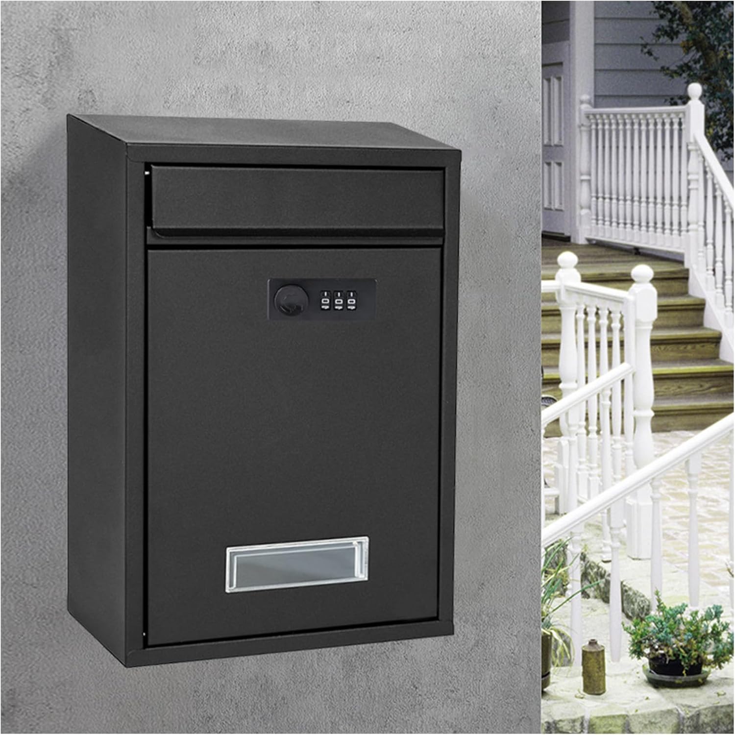 LANGSTON Locking Postbox for House, Wall Mounted Metal Mailbox, Security Lock Drop Box Collection Boxes Hanging Secure Postbox, Combination Lock Mail Boxes Outdoor,Black