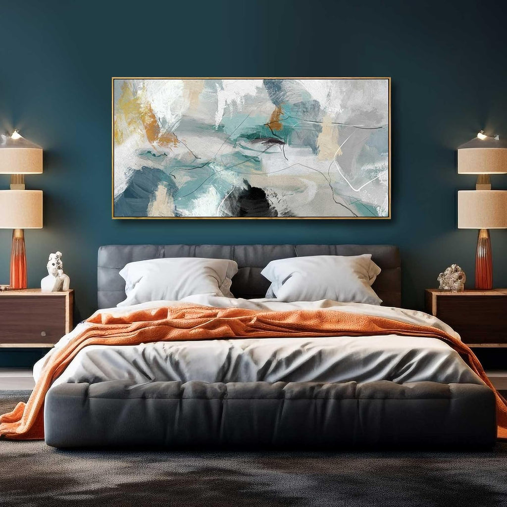 Wall Art Living Room Decorations 24'x48' Teal Wall Art Abstract Paintings Modern Framed Art Room Decor for Bedroom Kitchen Office