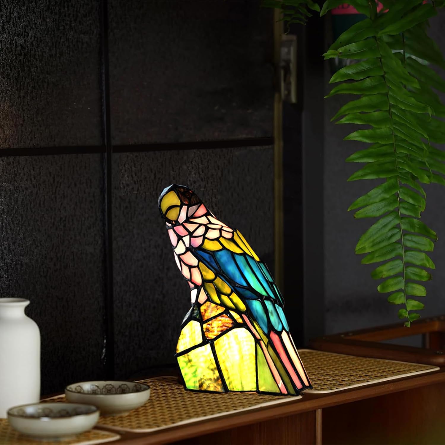 A0023 Tiffany Style Stained Glass Parrot Table Lamp, Handcrafted Colorful Bird Accent Light,W 7.25' x H 11.5' Vintage Desk Lamp for Bedroom Living Room Cafe, LED Bulb Included