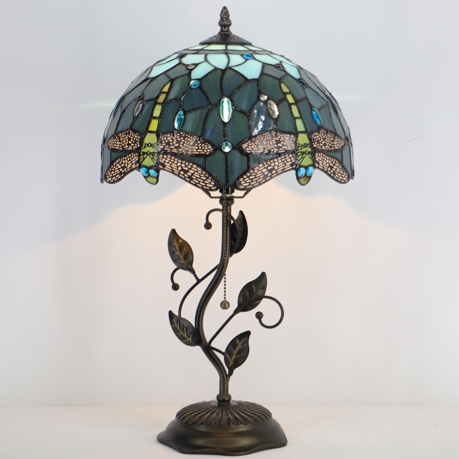 Tiffany Table Lamp Stained Glass Desk Lamp Metal Leaf Base Reading Light 12X19 Inch (Sea Blue Dragonfly)