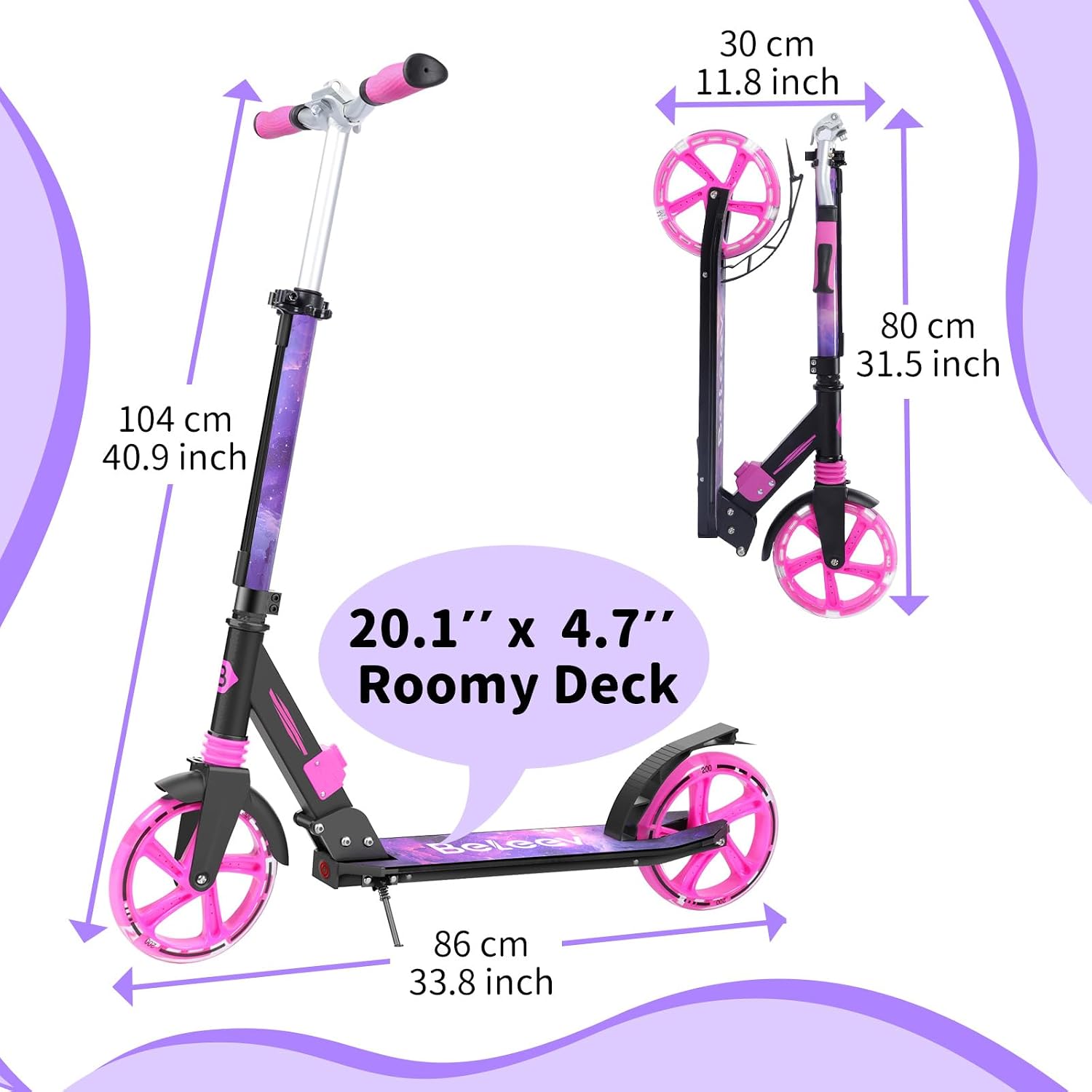 BELEEV V8 Scooters for Kids Ages 6+ with Light-Up Deck, 2 Wheel Folding Scooter for Adults Teens, 4 Adjustable Height, Lightweight Sport Commuter Scooter, Sturdy Frame, Max Load 220 lbs
