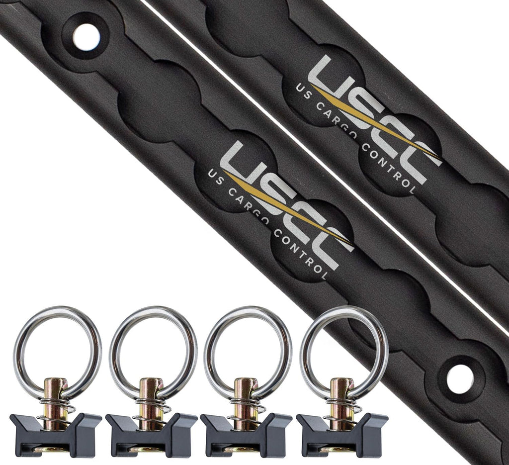 US Cargo Control L Track Tie Down System - (2) 4 FT Black Anodized Aluminum L Track Rails and (4) Single Stud O-Ring Fittings, Trailer and Truck Bed Rail System Easily Secures Motorcycles, ATVs, Bikes