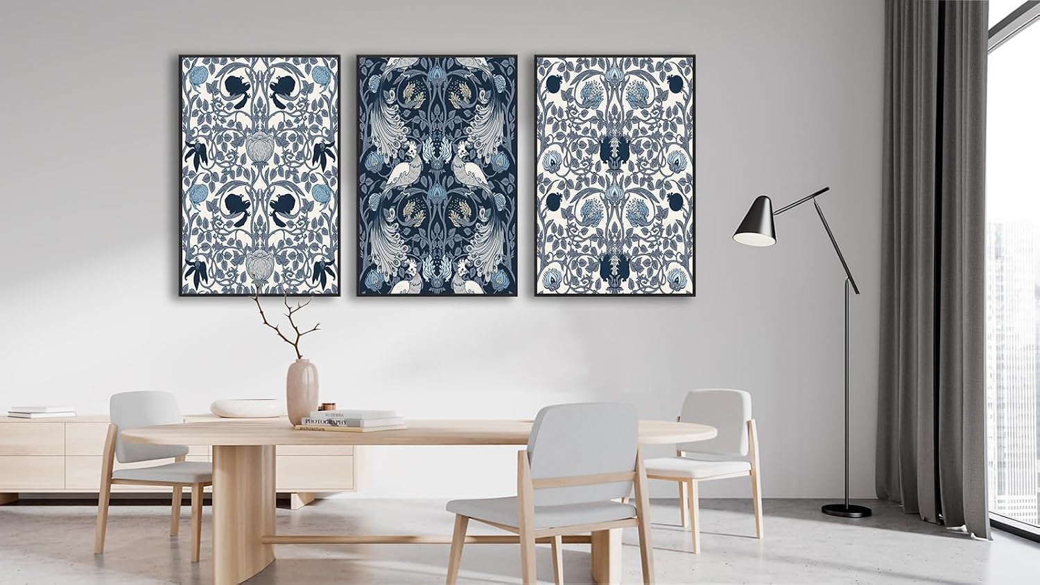 Large Framed Canvas Wall Art - Navy Blue Pictures William Morris Style for Living Room Boho Prints Bird Flower Wall Decor for Bedroom Dining Room Black Float Frame 32' X 48' X 3 Pieces