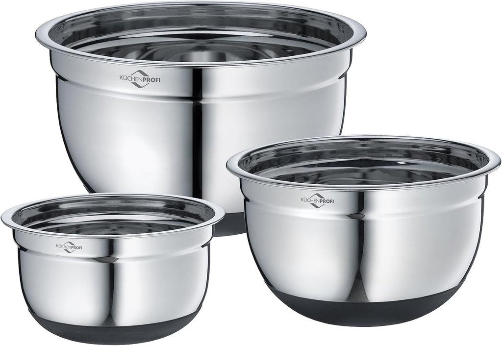 Stainless Steel Non-Slip Mixing Bowls with Silicone Bottom; 3 Piece Set : 1.5 Qt.; 2.75 Qt.; 5 Qt.