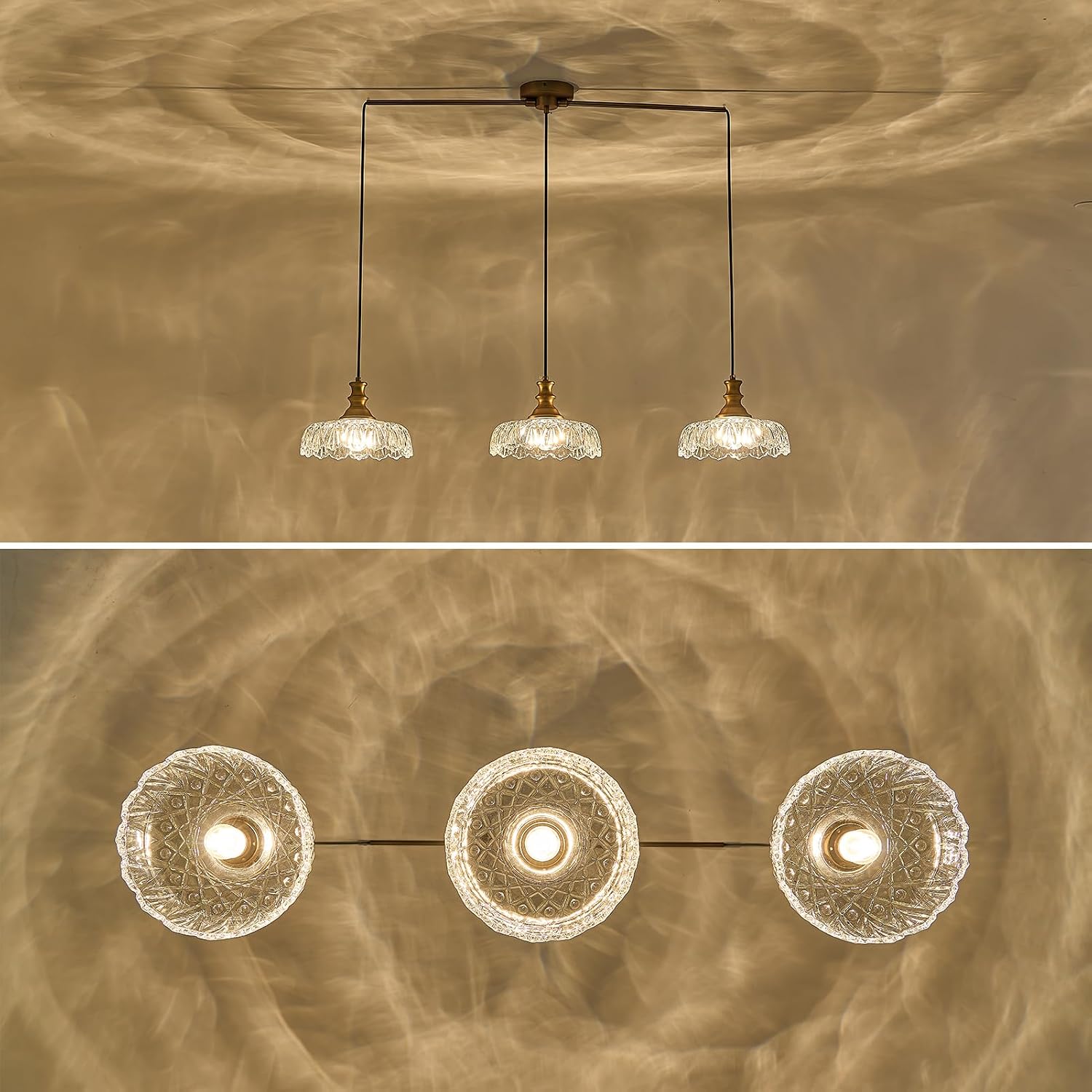 HDDFL Vintage Pendant Lighting Fixtures Modern Glass Hanging Lamp with Adjustable Cord for Kitchen Island Dining Room Hallway 3 Light Brass and Clear