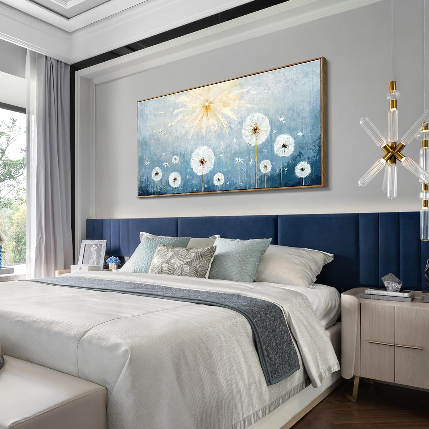 Nicetop Extra Large Framed Artwork for Walls– Giant Blue Floral Wall Picture with Wood Frame Dandelion Flower Plant Canvas Print Landscape Wall Art for Big Living Room,Office or Bedroom, 58x29Inch