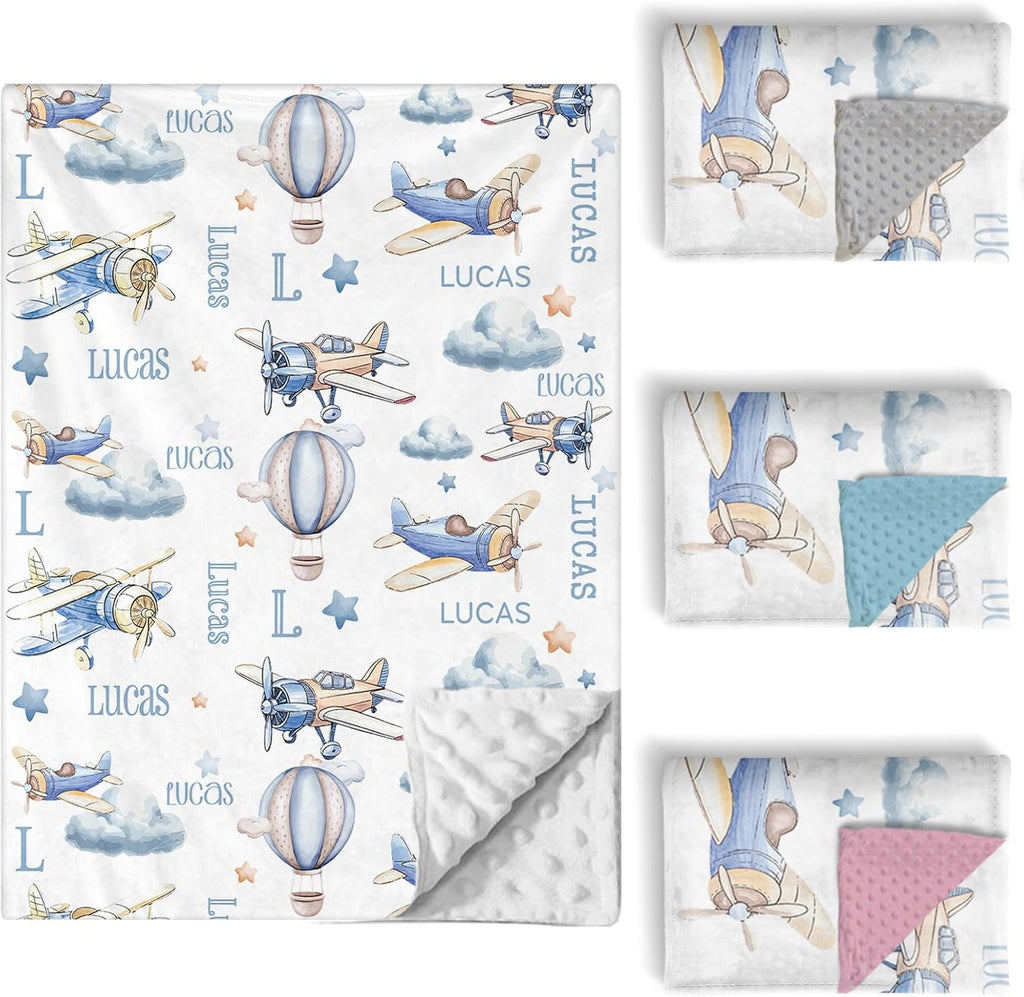 Personalized Baby Crib Bedding Set, 5 Pcs Custom Name Nursery Bedding Set for Girls Boys, Blue Plane Baby Crib Set for Toddlers Infants, Double Layer Bedding Crib Sets Customized Gifts