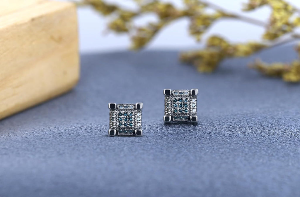 Dazzlingrock Collection 0.25 Ctw Round Blue or Red Natural Diamond 7mm Cube Hip Hop Studs in Black Plated 925 Sterling Silver, Unisex Design Ladies,Mens Real Diamond Earrings