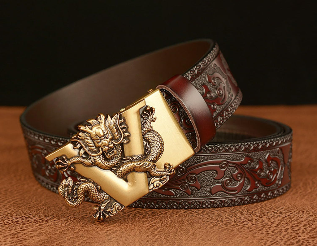 Mens Ratchet Leather Belt, Genuine Leather belts, Engraved Vintage Dragon Eagle Tiger Buckle, Business leisure belt