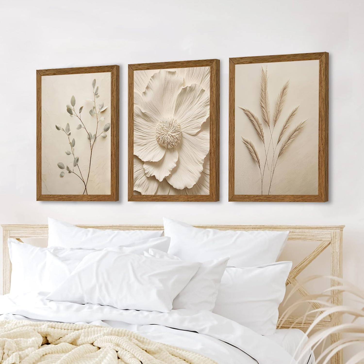 JLTULT 3 Piece Framed Neutral Beige Floral Canvas Wall Art, Modern Simple Texture Blossom Wall Decor, Vintage Botanical Flower Art Prints for Living Room Bedroom Farmhouse 20x30 inch Ready to Hang