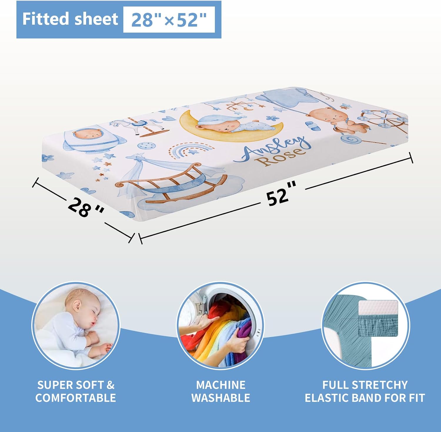 KAINSY Custom Crib Bedding Set 5 Piece for Girls Boys – Personalized Sleeping Bear Theme, Newborn Sleep Set, Nursery Decor, Toddler Room Essentials, Infant Sleep, Baby Room Accessories, Baby Gift