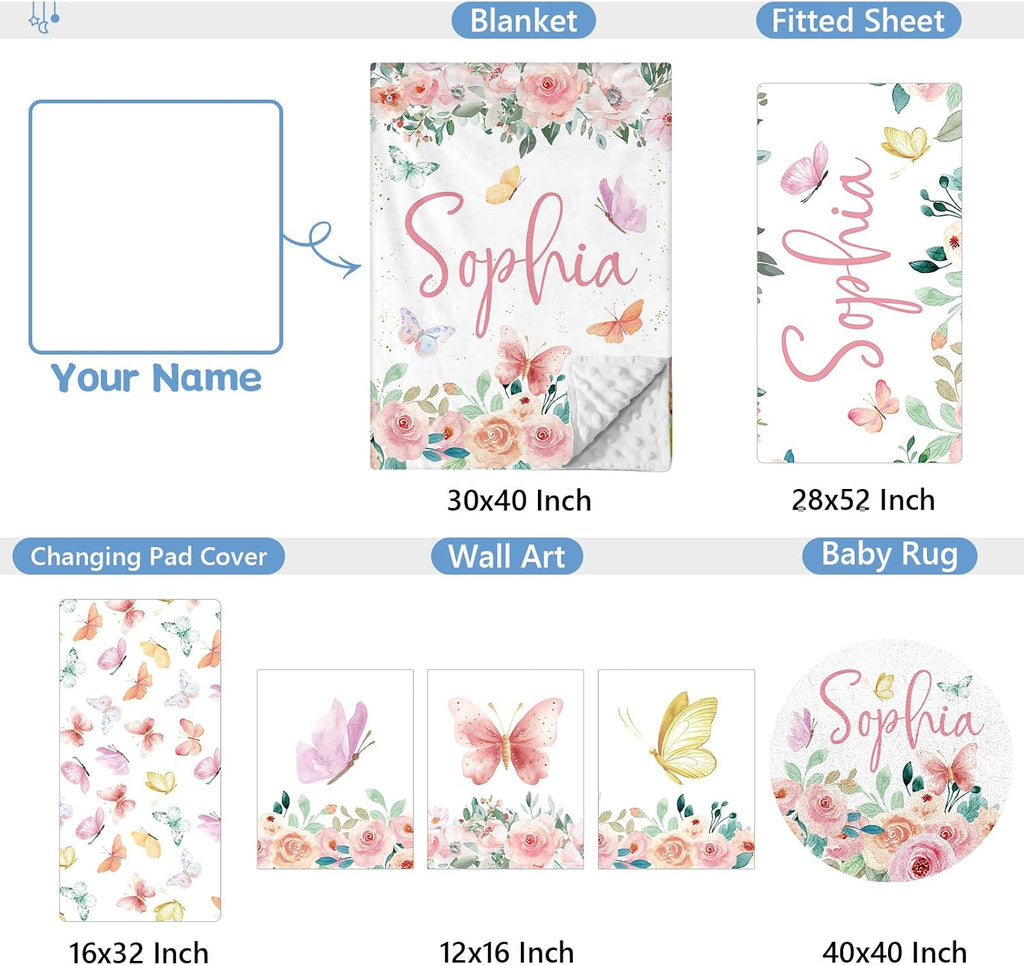 KAINSY Personalized Crib Set, 5 Pcs Custom Baby Crib Sets with Name, Double Layer Butterfly Nursery Bedding Set for Girls, Soft Flannel Bedding Set, Toddler Infant Customized Gift