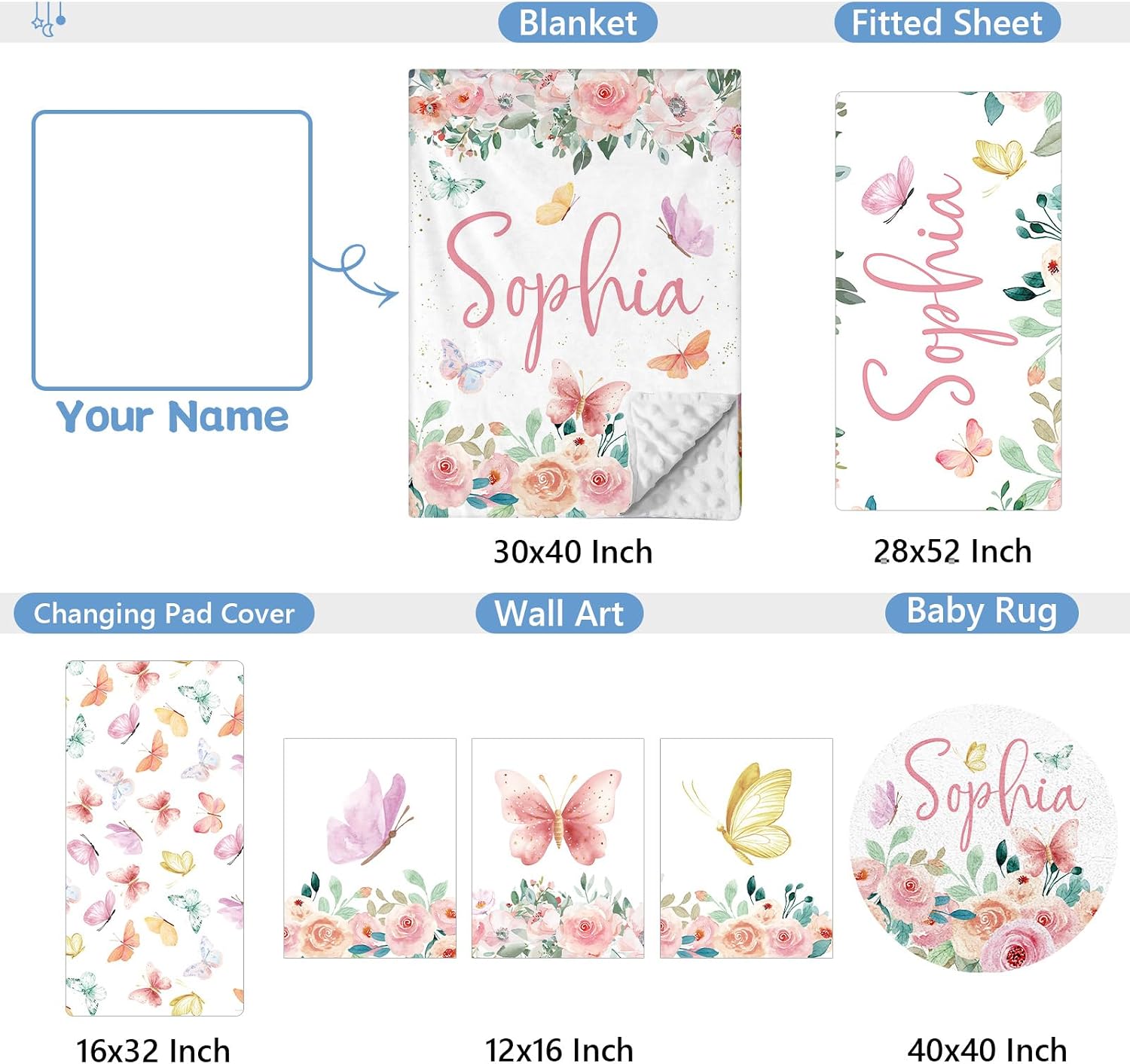 KAINSY Personalized Crib Set, 5 Pcs Custom Baby Crib Sets with Name, Double Layer Butterfly Nursery Bedding Set for Girls, Soft Flannel Bedding Set, Toddler Infant Customized Gift