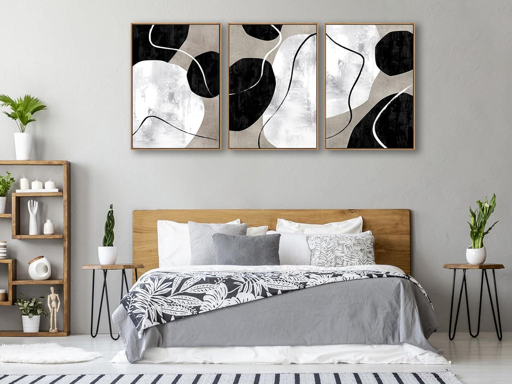 Minimalist Abstract Boho Wall Art - Natural Framed Abstract Canvas Picture Stone Painting Rock Line Artwork Modern Geometric Canvas Prints for Home Wall Decor 20' x 28' * 3 Tan Grey White Black