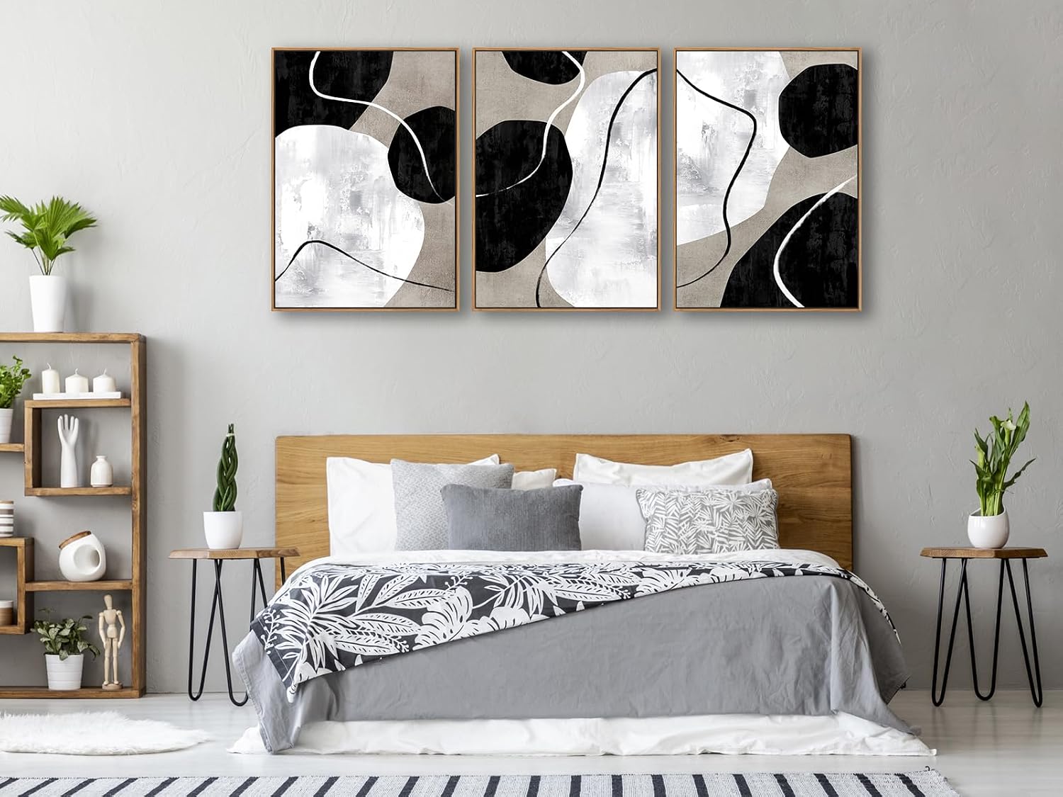 Minimalist Abstract Boho Wall Art - Natural Framed Abstract Canvas Picture Stone Painting Rock Line Artwork Modern Geometric Canvas Prints for Home Wall Decor 20' x 28' * 3 Tan Grey White Black