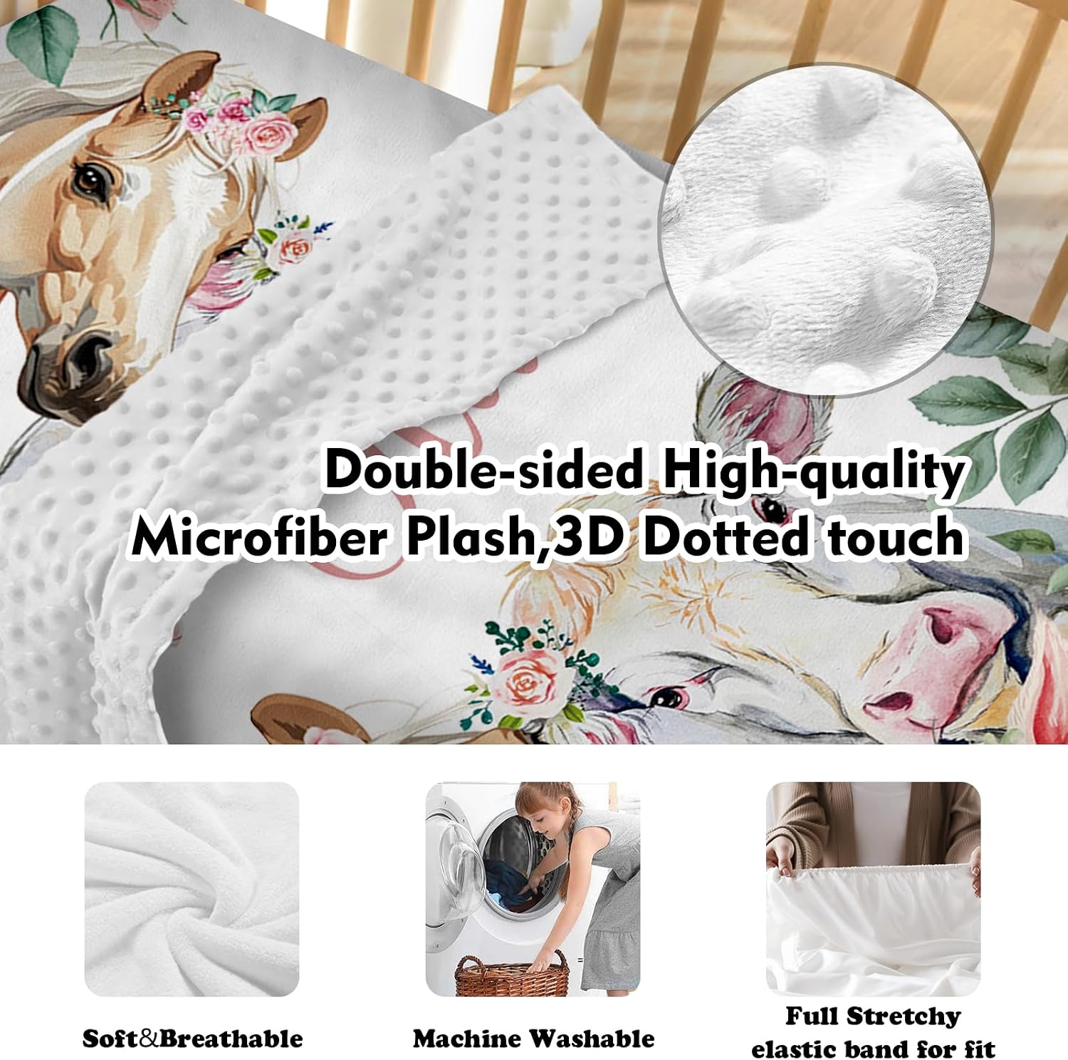 Personalized Nursery Crib Bedding Set: Custom Name Pink Floral 5 Piece Baby Crib Sets with Horse Pattern - Toddler Double Layer Blanket Set, Comfortable Crib Bed Sheets for Baby Grils