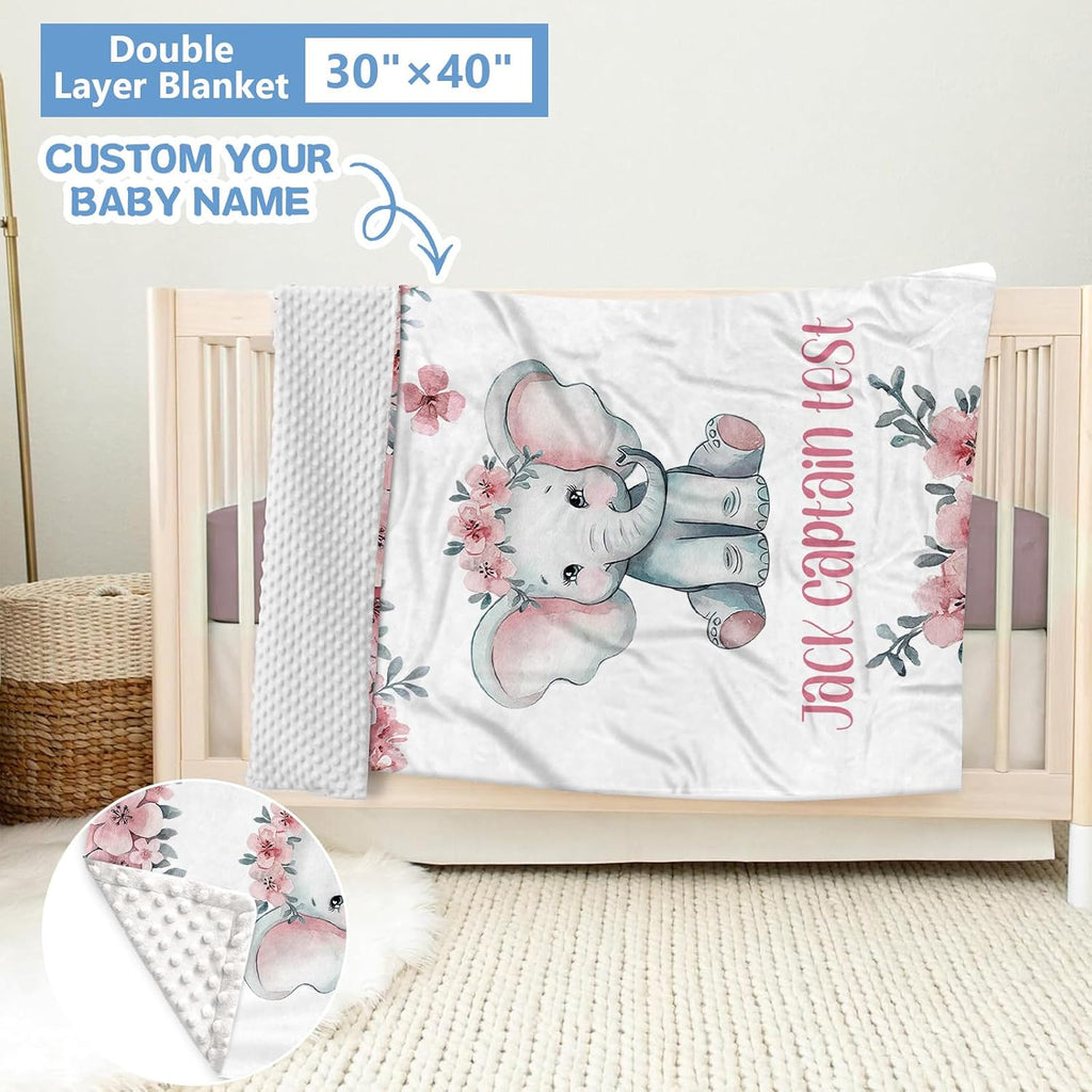 KAINSY Personalized Nursery Bedding Set, 5 Pcs Custom Crib Sets, Soft Baby Girl Set with Name, Double Layer Elephant Infant Bedding Set Customized Gifts for Toddlers