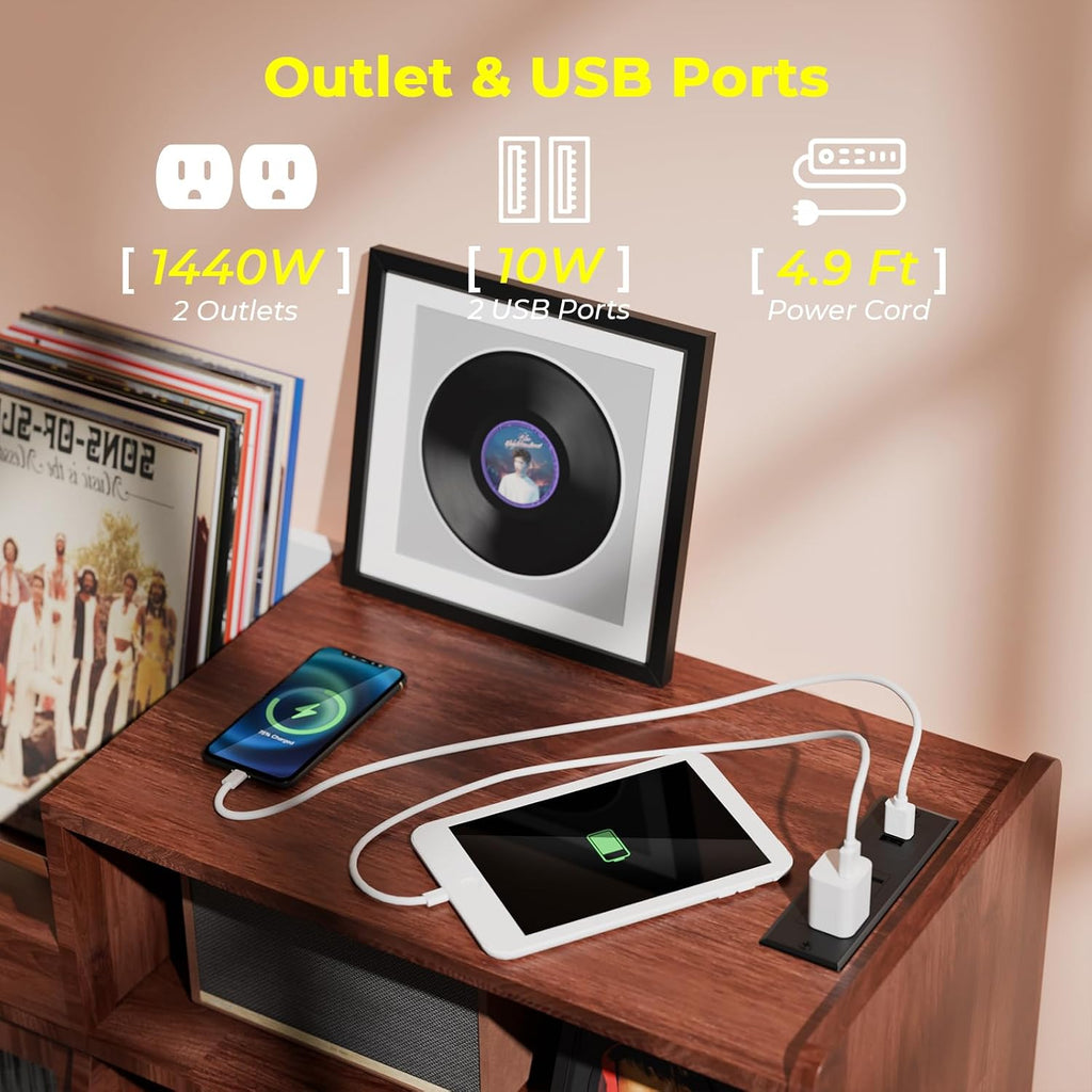MULEJYBO Large Record Player Stand with Sliding Door,350 Vinyl Record Storage Cabinet, Record Player Table with Power Outlet and LED Light,Turntable Stand with Wood Legs for Living Room,Office