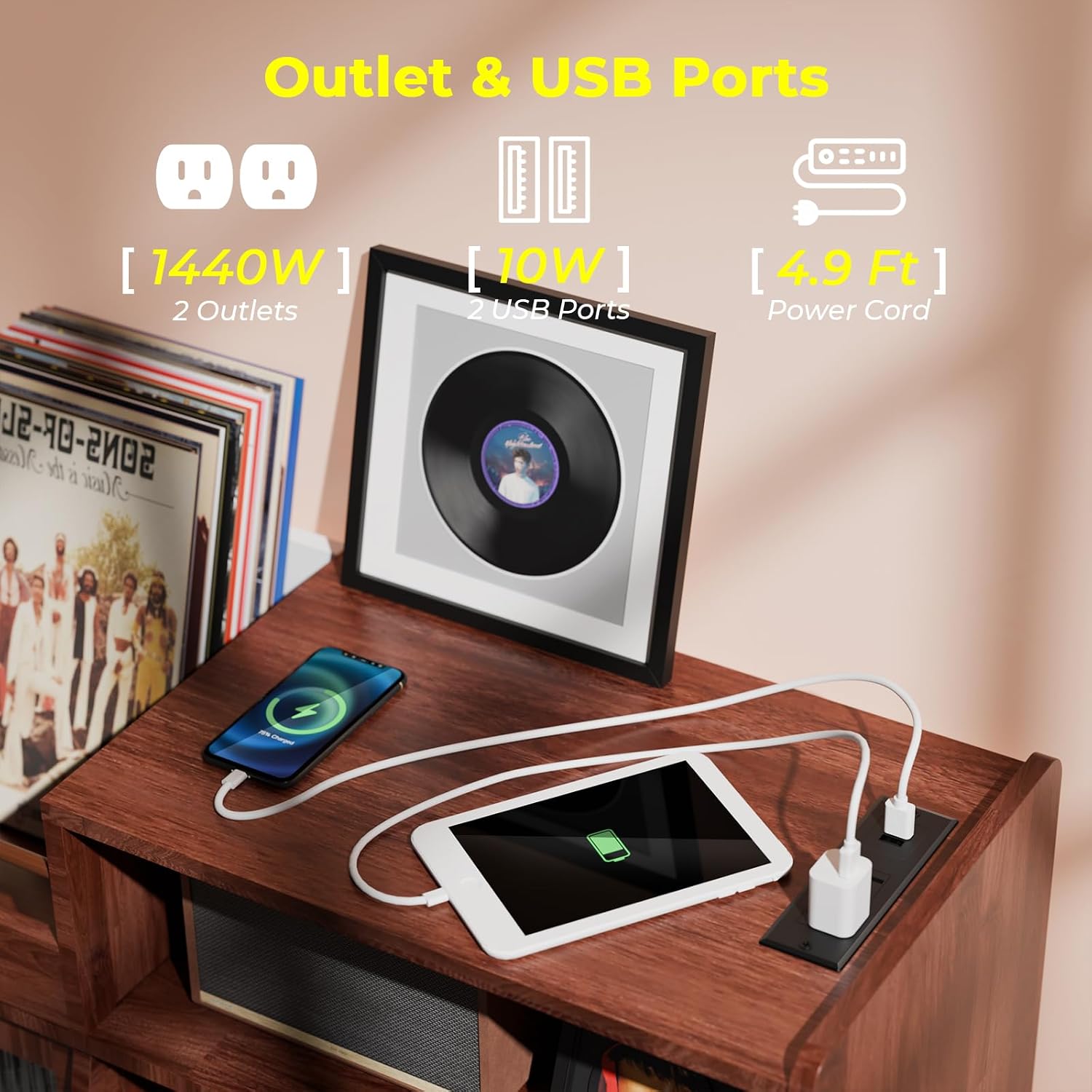 MULEJYBO Large Record Player Stand with Sliding Door,350 Vinyl Record Storage Cabinet, Record Player Table with Power Outlet and LED Light,Turntable Stand with Wood Legs for Living Room,Office