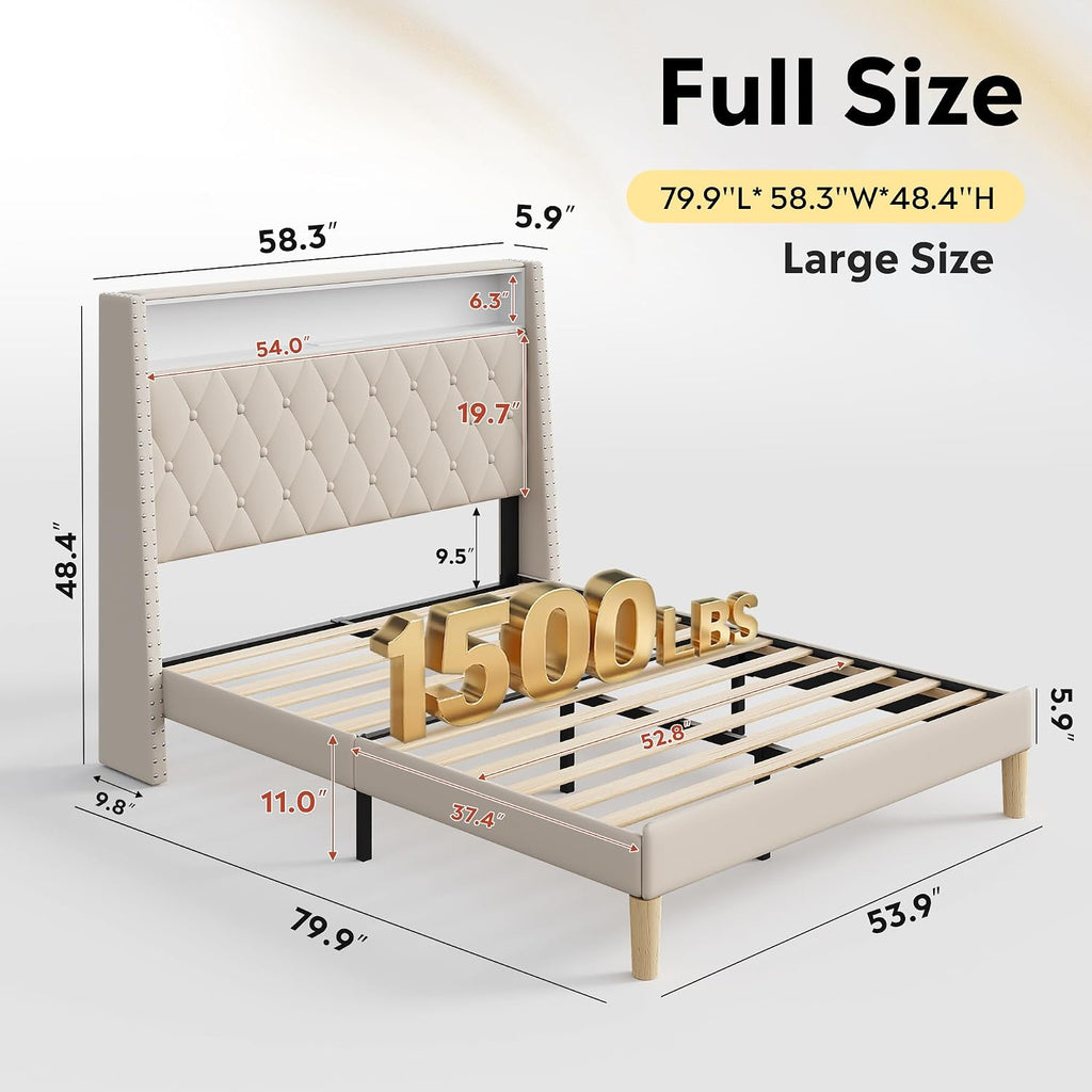 WLIVE Full Size Upholstered Bed Frame with 48'' Tall Wingback Headboard, Velvet Square Tufted Platform Beds with Charging Station, Sturdy Metal & Wooden Slats Support, Beige