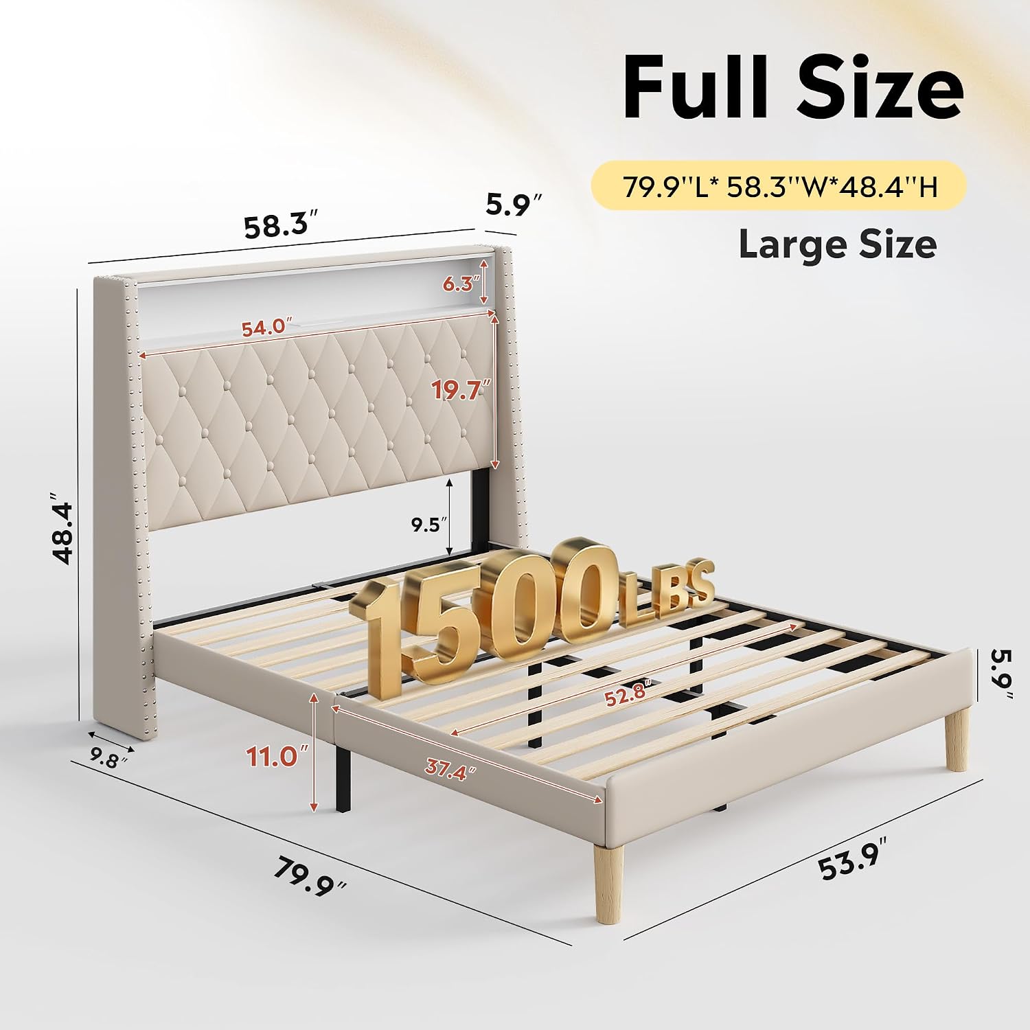 WLIVE Full Size Upholstered Bed Frame with 48'' Tall Wingback Headboard, Velvet Square Tufted Platform Beds with Charging Station, Sturdy Metal & Wooden Slats Support, Beige