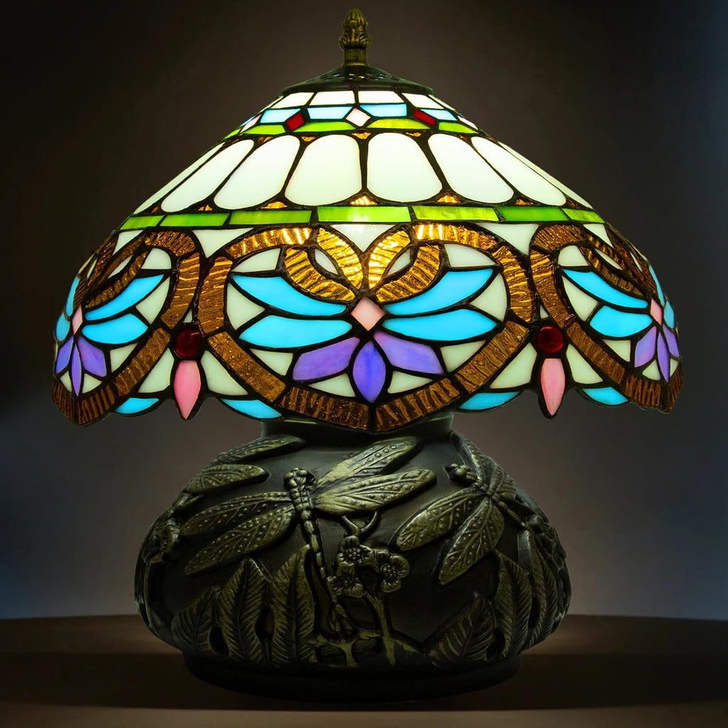 Tiffany Table Lamp,12 Inch Stained Glass Table Lamp,Mushroom Style Vintage Desk Lights Included E26 LED with Remote Control for Bedside,Bedroom,Living Room(Red Star Baroque)