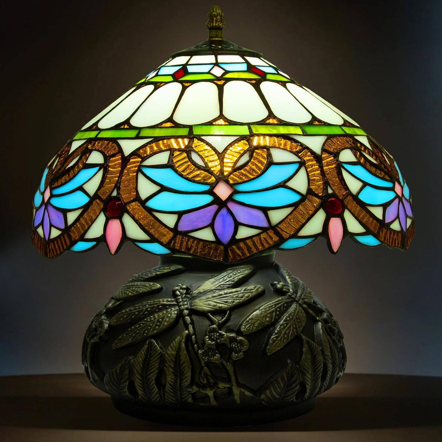 Tiffany Table Lamp,12 Inch Stained Glass Table Lamp,Mushroom Style Vintage Desk Lights Included E26 LED with Remote Control for Bedside,Bedroom,Living Room(Red Star Baroque)