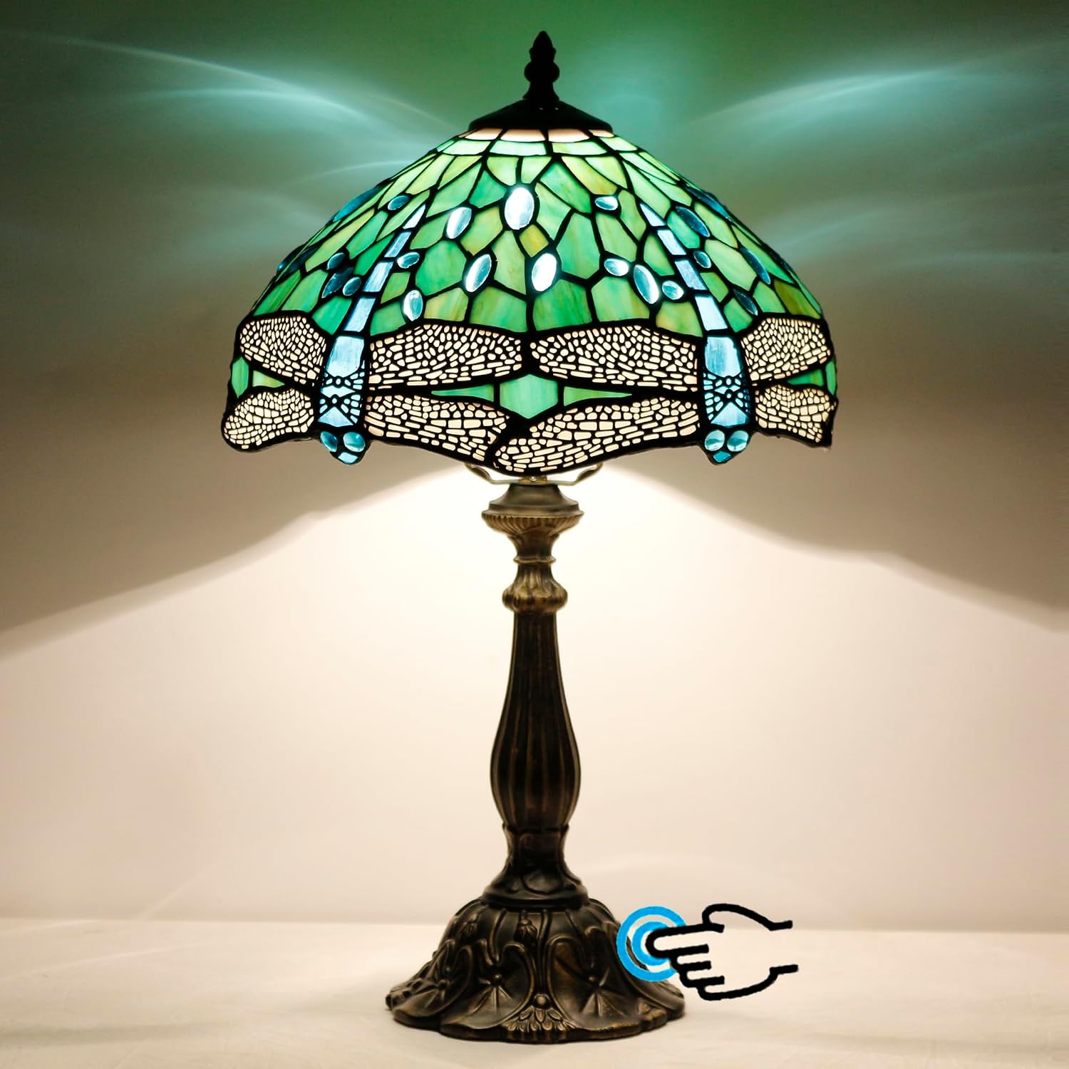 Tiffany Lamp Touch Control Table Lamp Green Stained Glass Desk Lamp 12X12X19 Inches Dragonfly Style Reading Light
