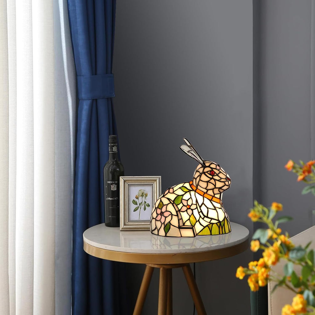 A0012 Tiffany Style Lovely Ratbbit Table Lamp Handmade Stained Glass Animal Night Light, Bunny Accent Table Lamp for Livingroom Bedroom Home Decoration