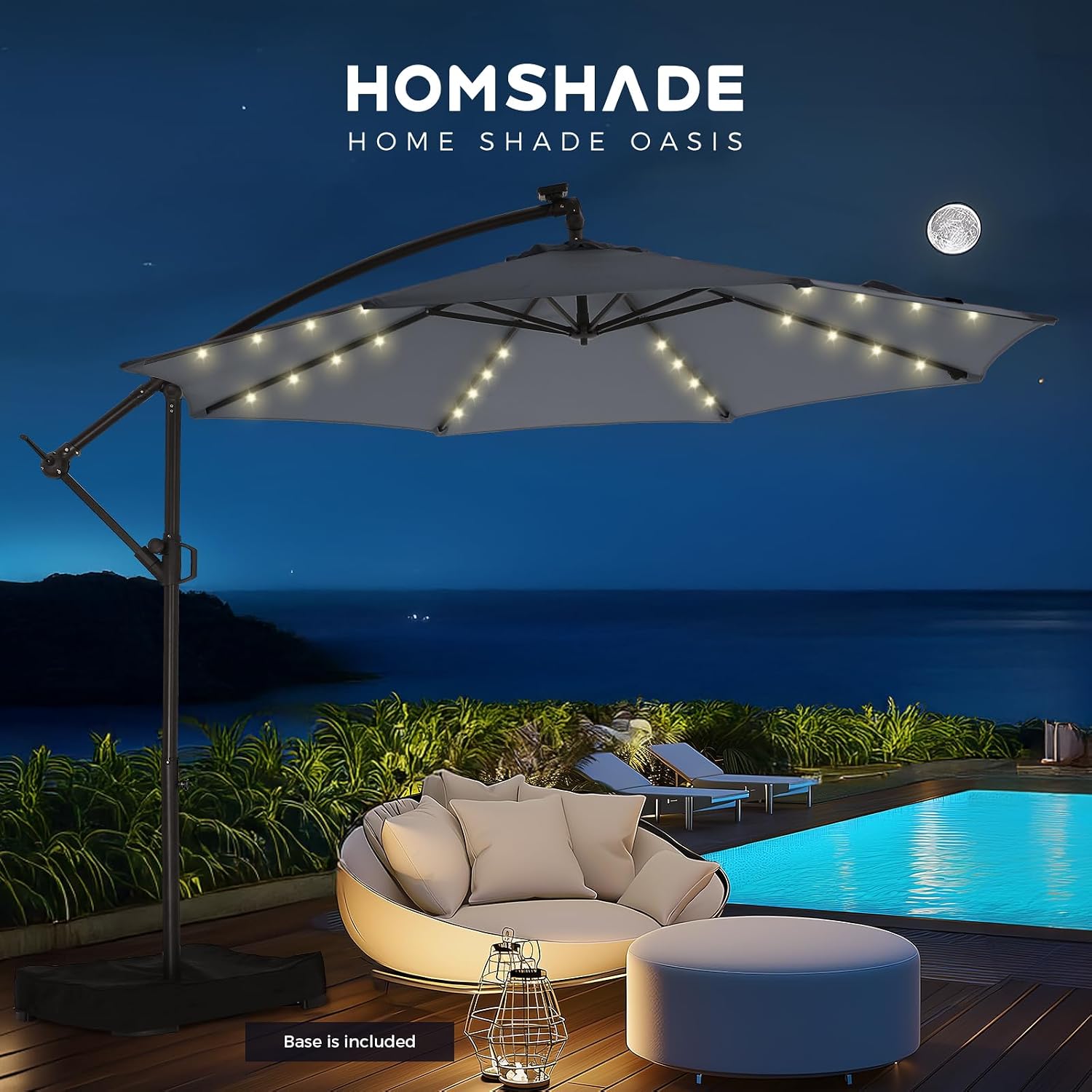 HOMSHADE 10ft Solar Lights Offset Cantilever Patio Umbrella - wtih Light and Base, LED Lighted Offset Hanging Patio Outdoor Market Umbrella UPF50+ UV Protection with Easy Tilt and Crank (Grey)