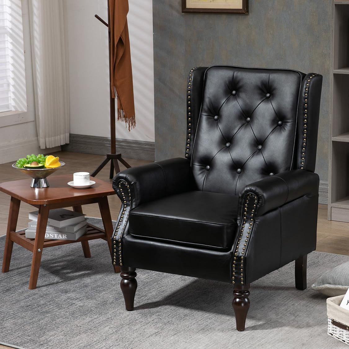 Mid-Century Wingback Chair, PU Leather Accent Chair Armchair with Buttons,Modern Living Room Chairs with Rivet Decoration,Leisure Single Sofa Chair for Bedroom,Club,Home Reception (PU Black)