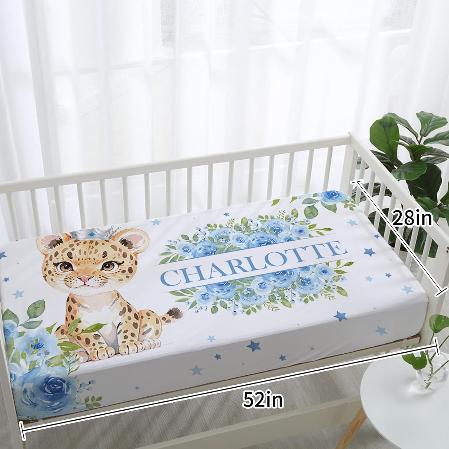 TOOTANN Custom Baby Crib Bedding Set, 5 Pcs Personalized Name Baby Crib Sheets for Kid Toddler Infant, Blue Floral Leopards Nursery Bedding Set