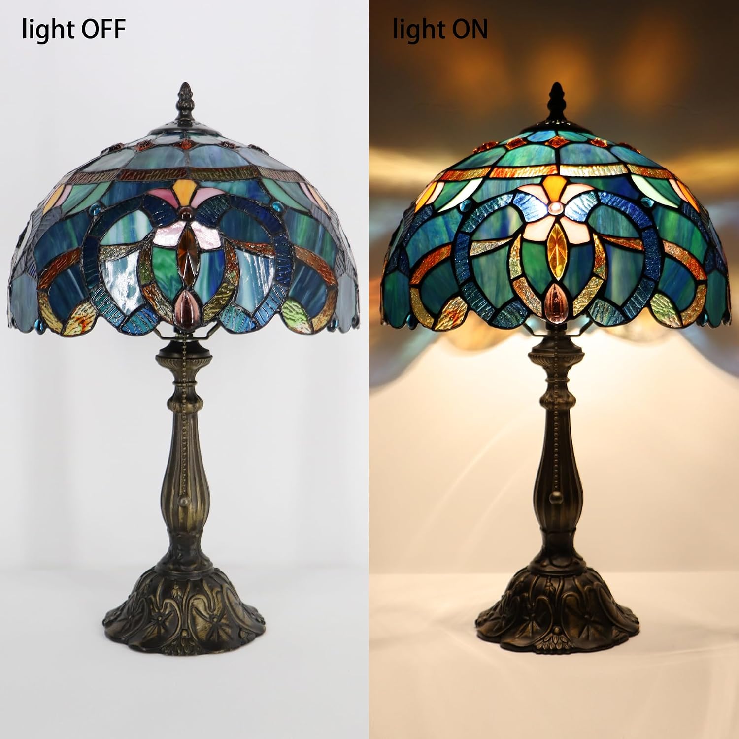 Tiffany Lamp Table Lamp Bedside Reading Light W12H19 Inches (Blue Baroque Style)
