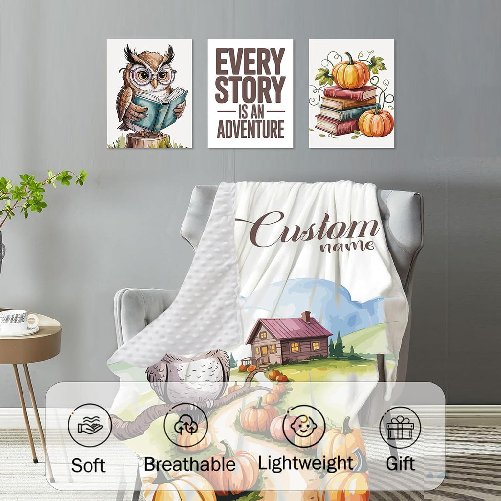 Personalized Crib Bedding Set for Baby Boys Girls, Owl Pattern Custom Name Baby Crib Sets 5-Pcs, Double Layer Baby Blanket Fitted Sheet Changing Pad Cover Rug Wall Art Set