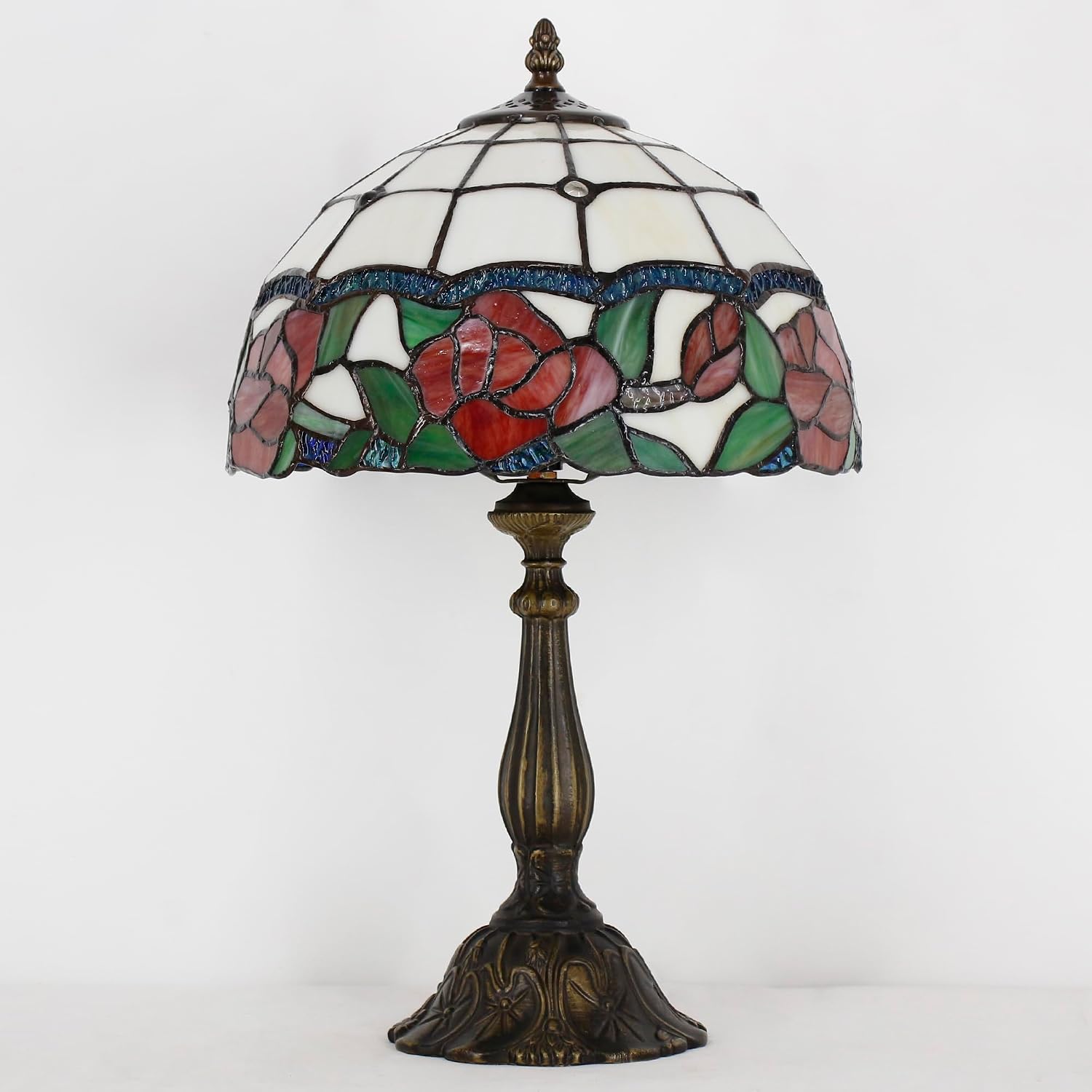 Tiffany Lamp Touch Control Table Lamp Red Rose Flower Style Stained Glass Desk Lamp 12X12X19 Inches Reading Light